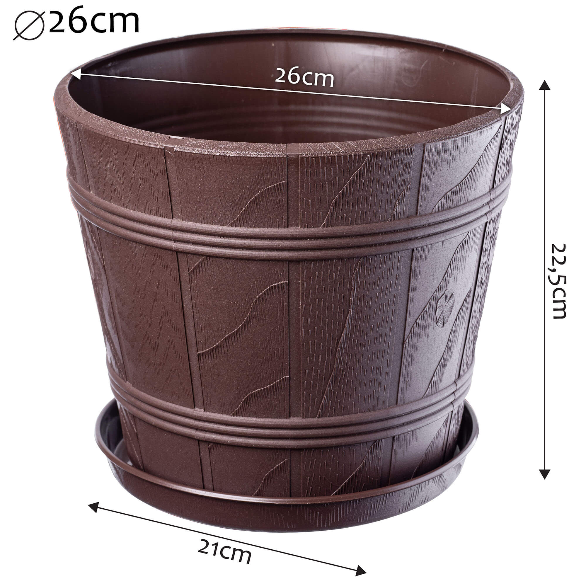 Doniczka drewnopodobna z podstawką Pula 26 cm, brązowa