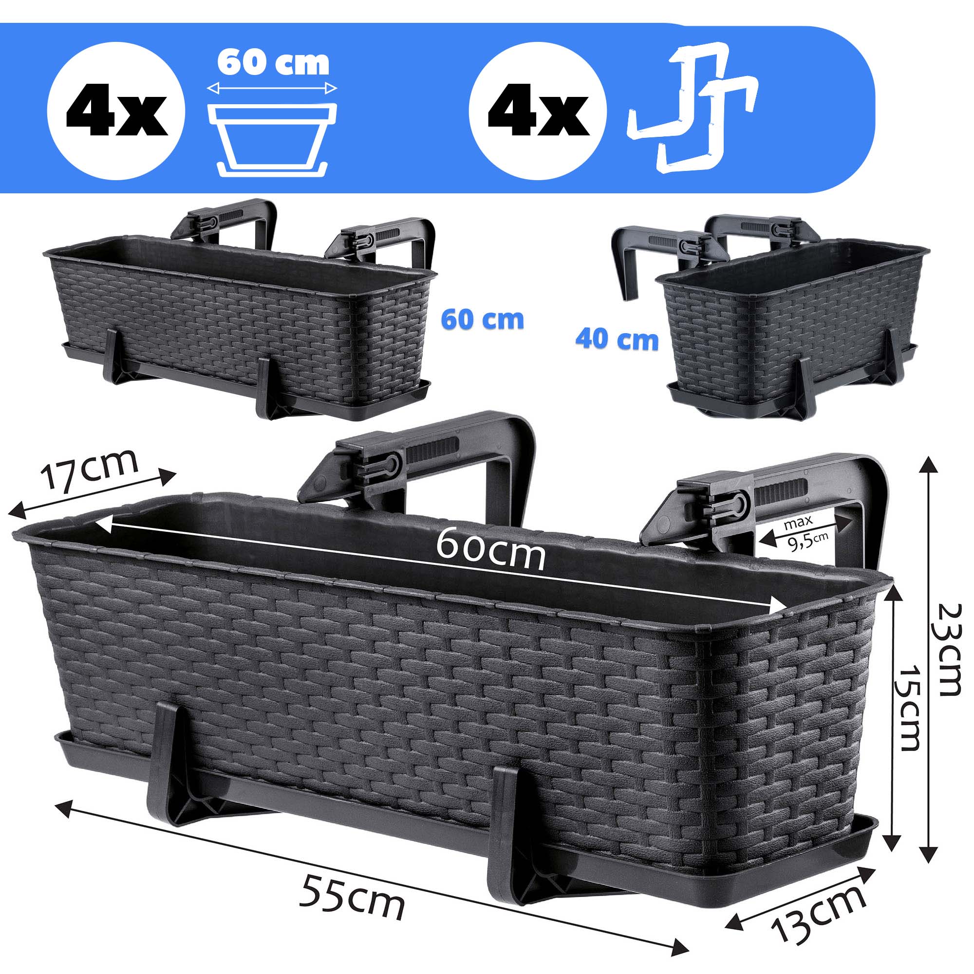Skrzynka balkonowa z uchwytami Castro antracyt 60 cm, 4 szt.