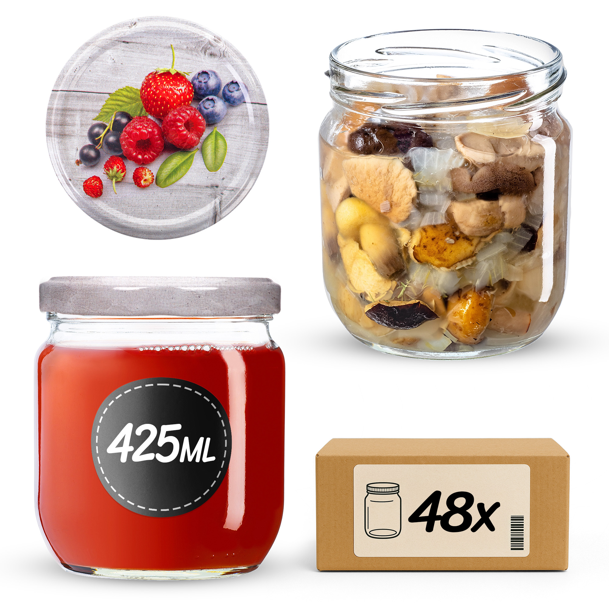 Słoiki na przetwory Salla 425ml fi 82 mm 48szt + wieczko Owoce