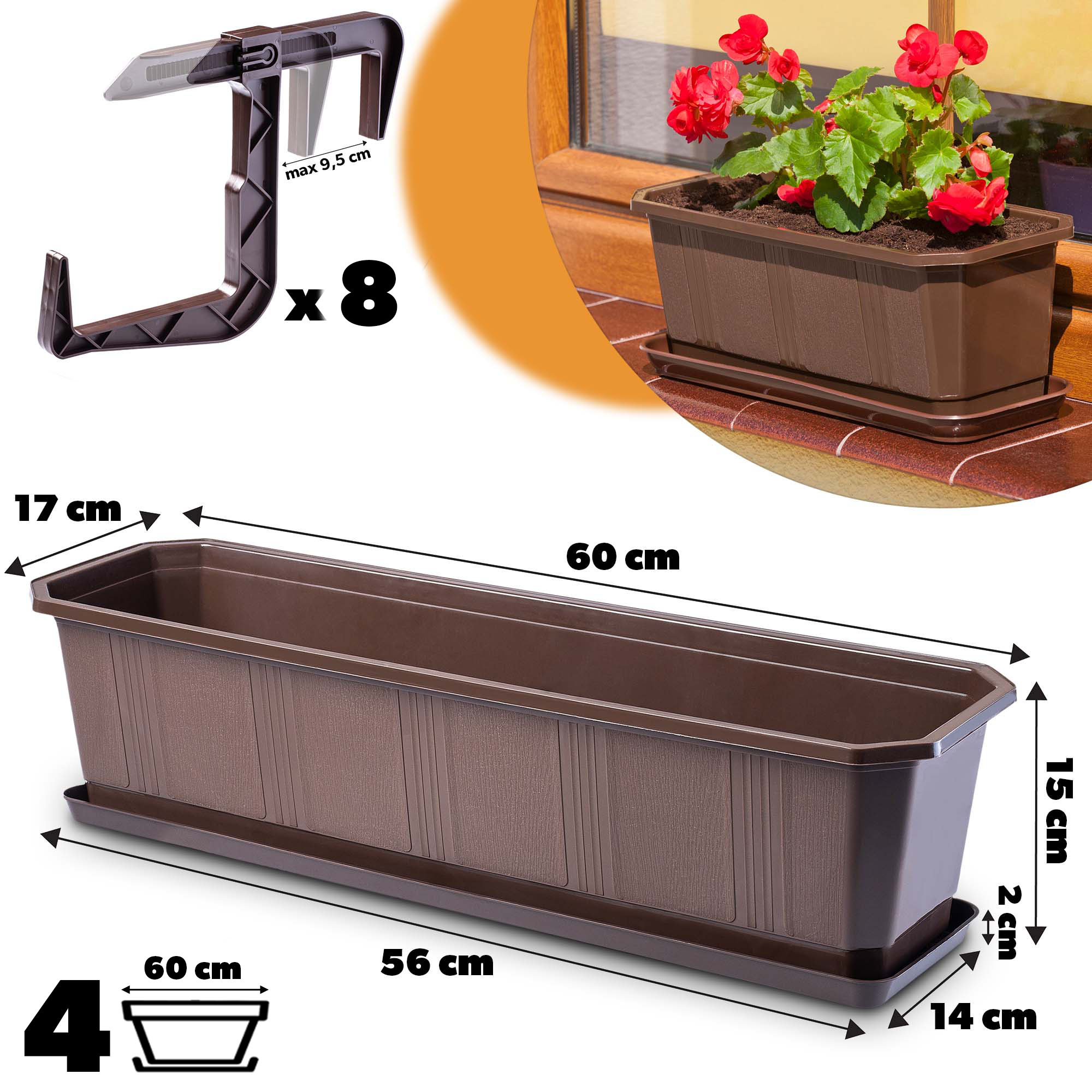 Doniczka balkonowa z uchwytami brązowa Oste 60 cm, 4 szt.