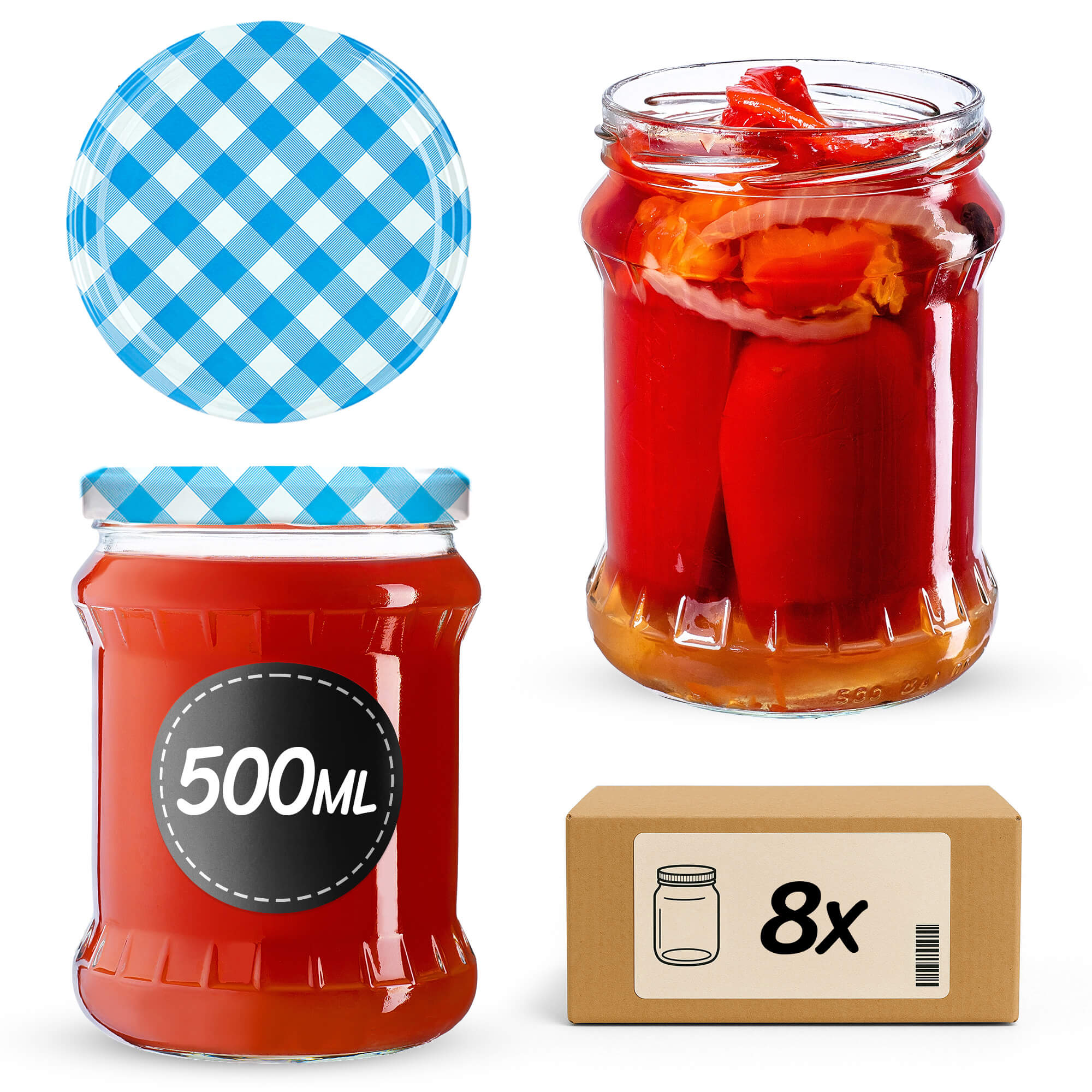 Słoiki na przetwory Kisko 500ml 8szt fi 82 mm + wieczka "Niebieska Krata"