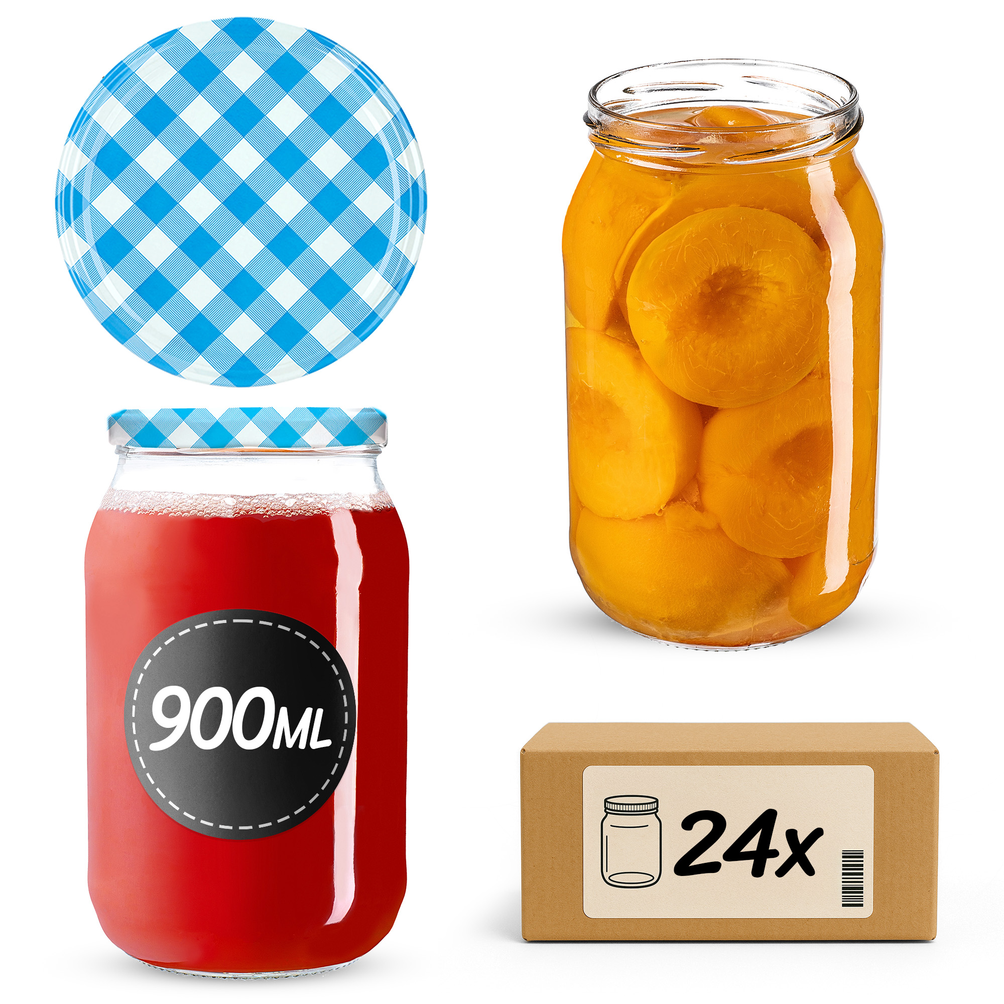 Słoiki na przetwory Simo 900ml 24szt fi 82 mm + wieczka "Niebieska Krata"