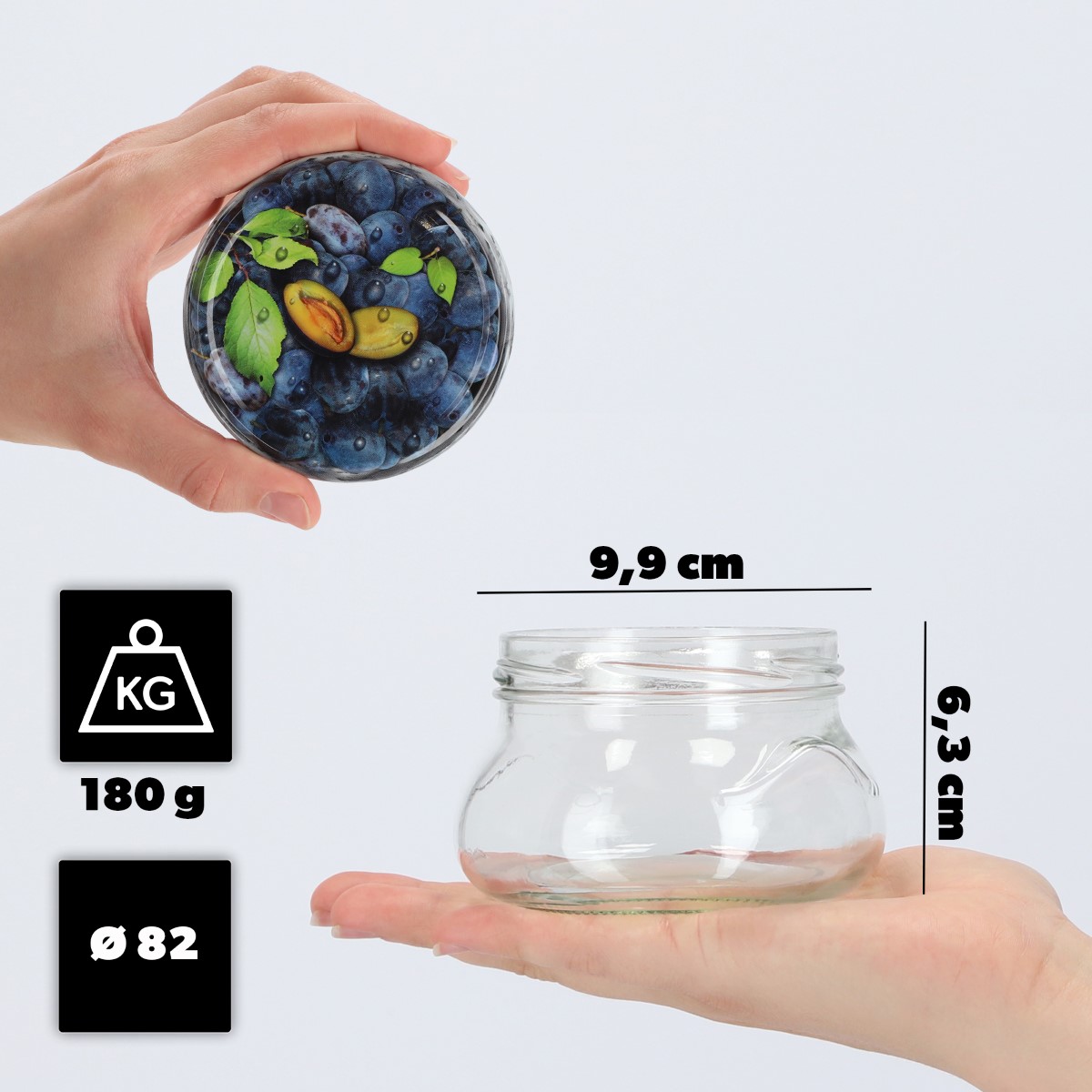 Słoiki na przetwory Raja 300ml 100szt fi 82 mm + wieczka "Śliwki"