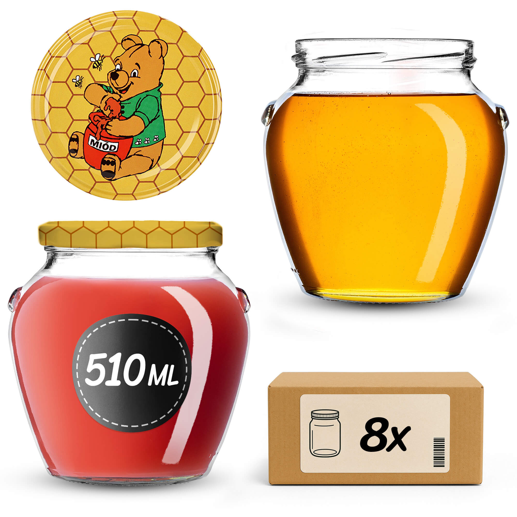 Słoiki na przetwory Sassa 580ml 8szt fi 82 mm + wieczka "Miód"
