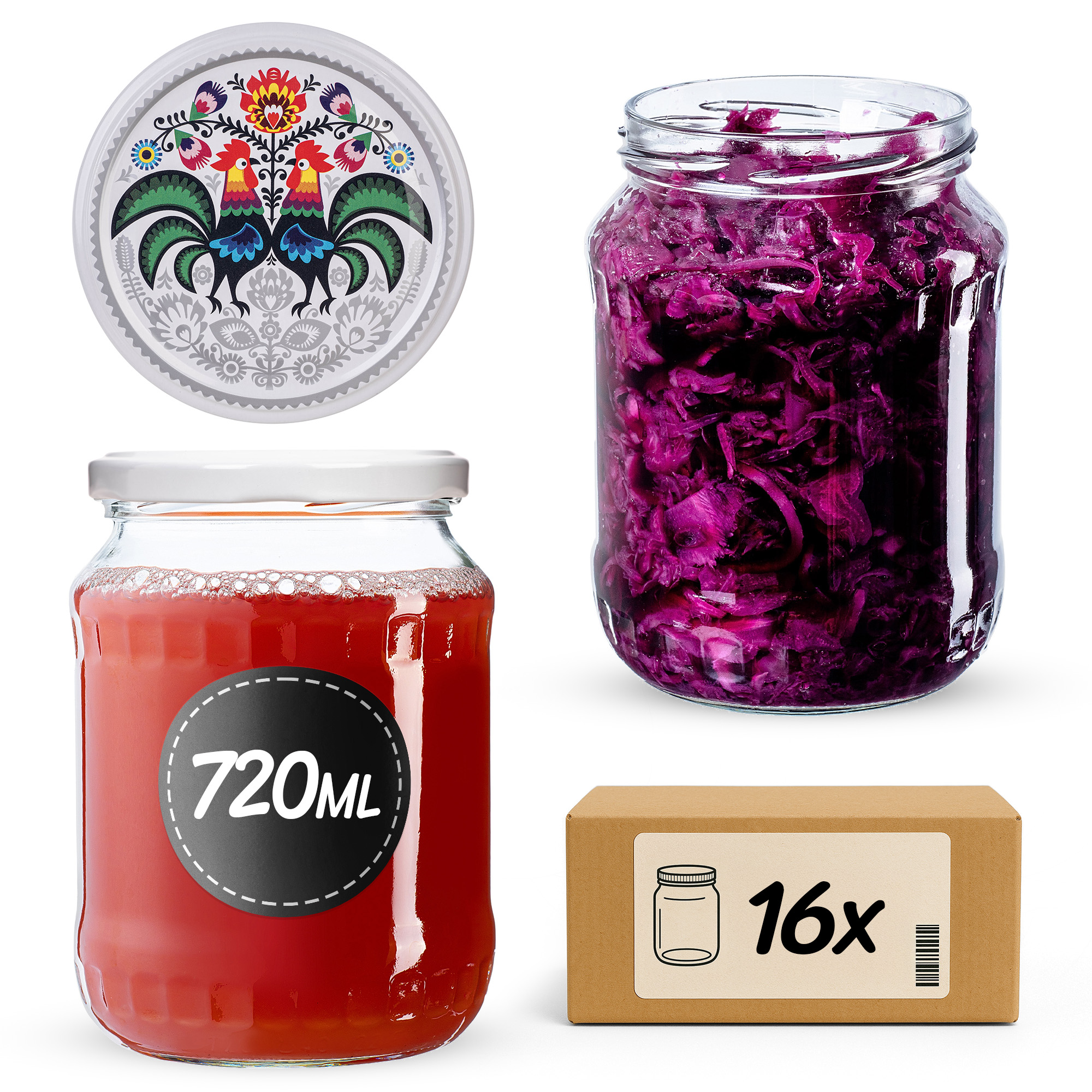 Słoiki na przetwory Jukka 720ml fi 82 mm 16szt + wieczko Kogut