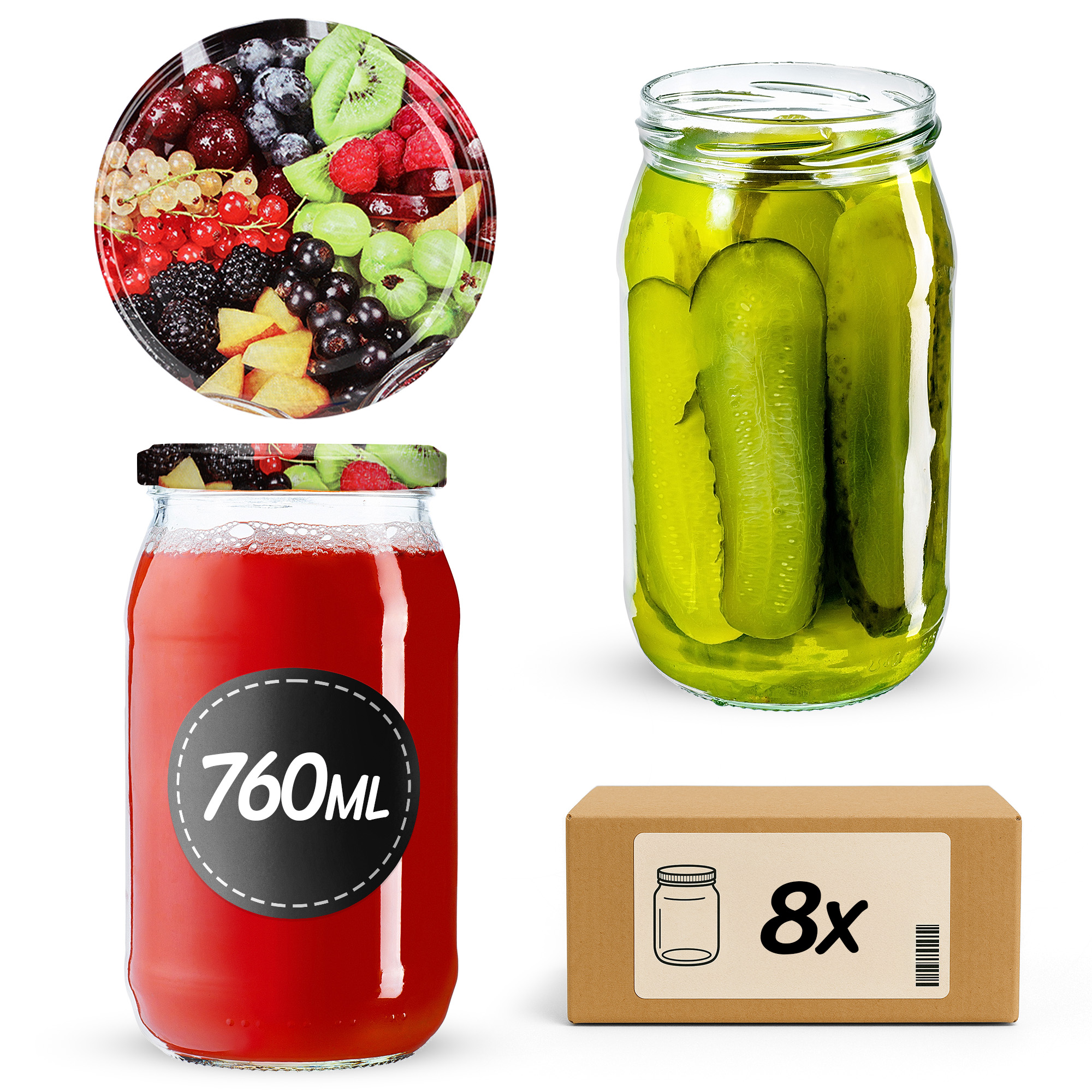 Słoiki na przetwory Niva 760ml 8szt fi 82 mm + wieczka "Mix owoców"
