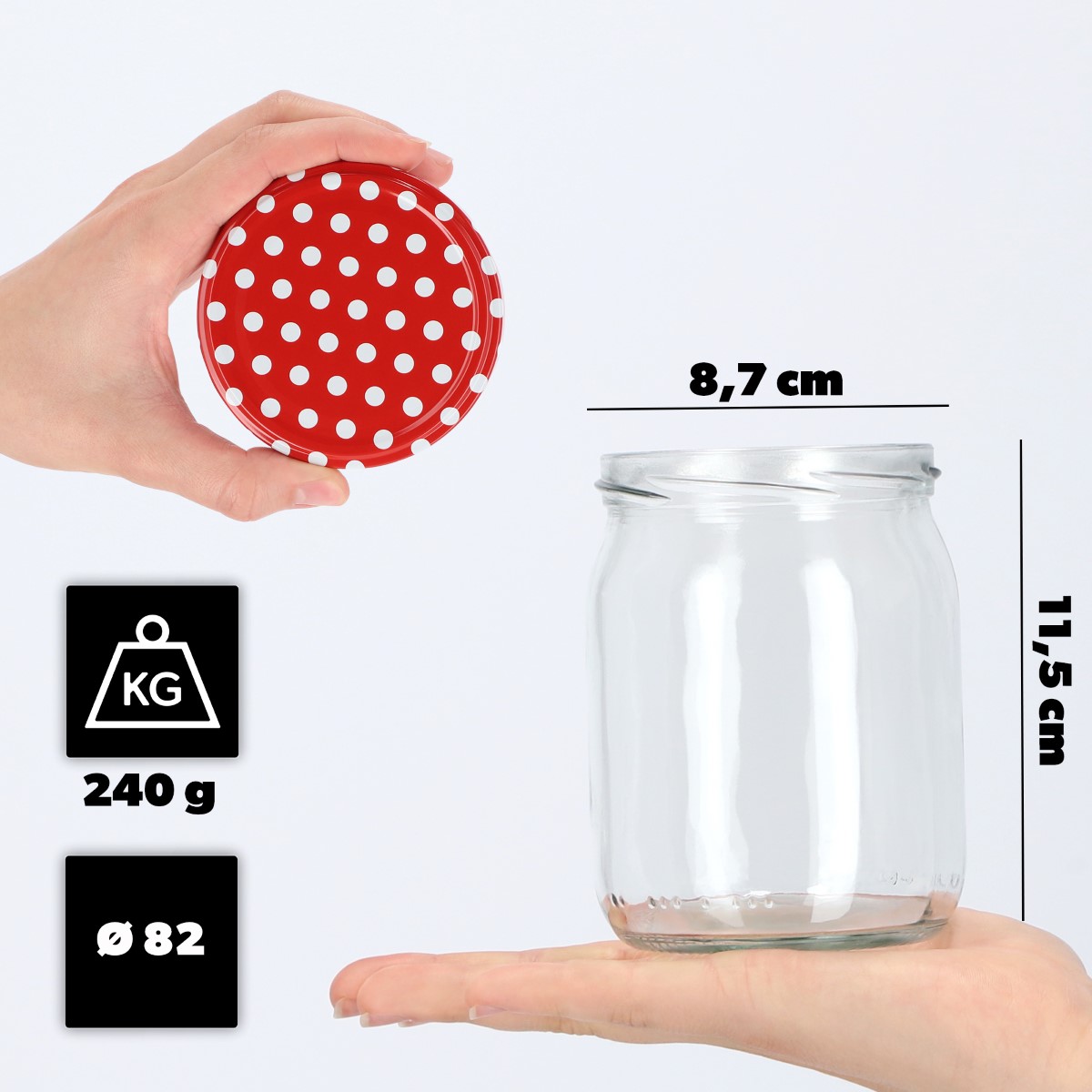 Słoiki Senna 540ml 16szt fi 82 mm + wieczka "Czerwony groszek"