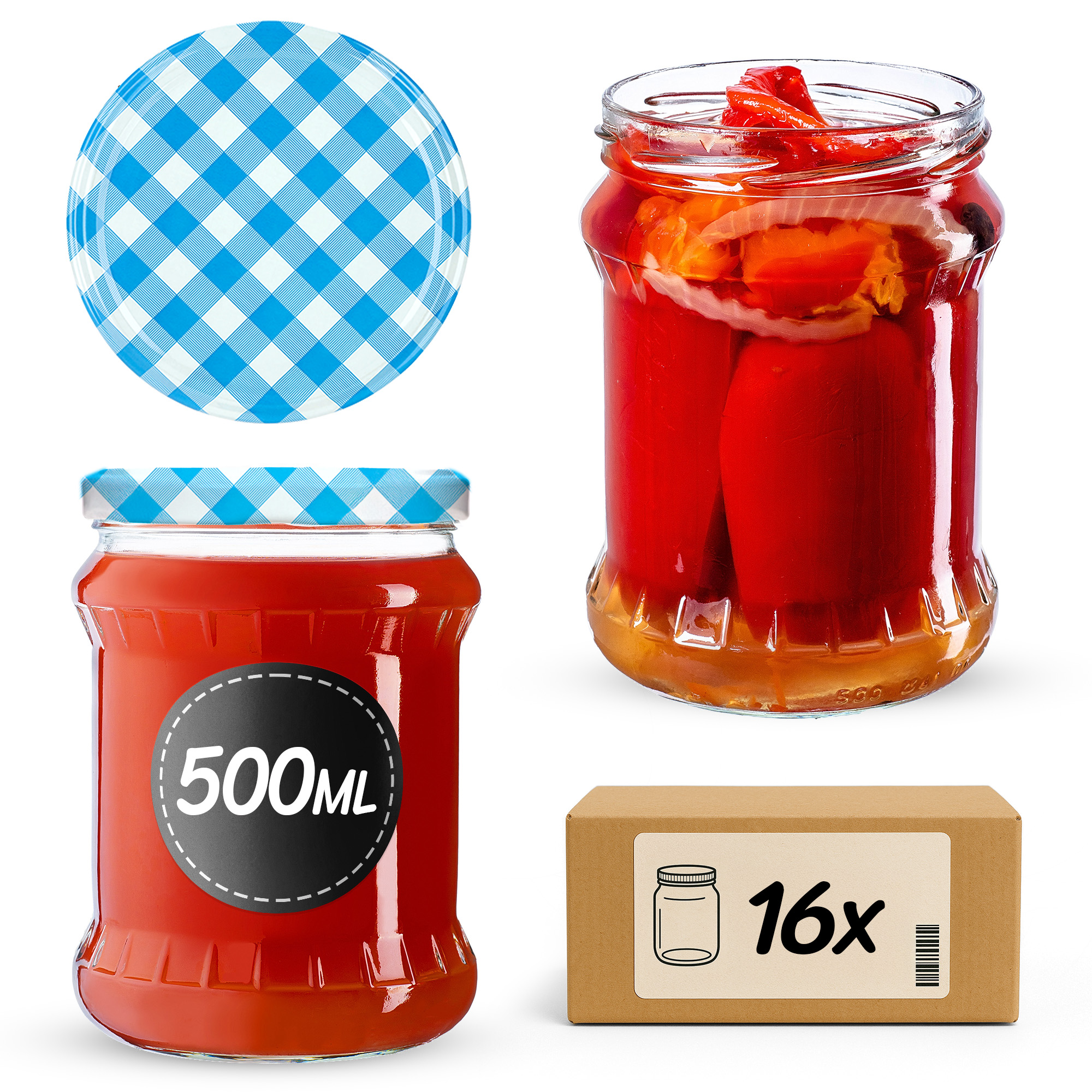 Słoiki na przetwory Kisko 500ml 16szt fi 82 mm + wieczka "Niebieska Krata"