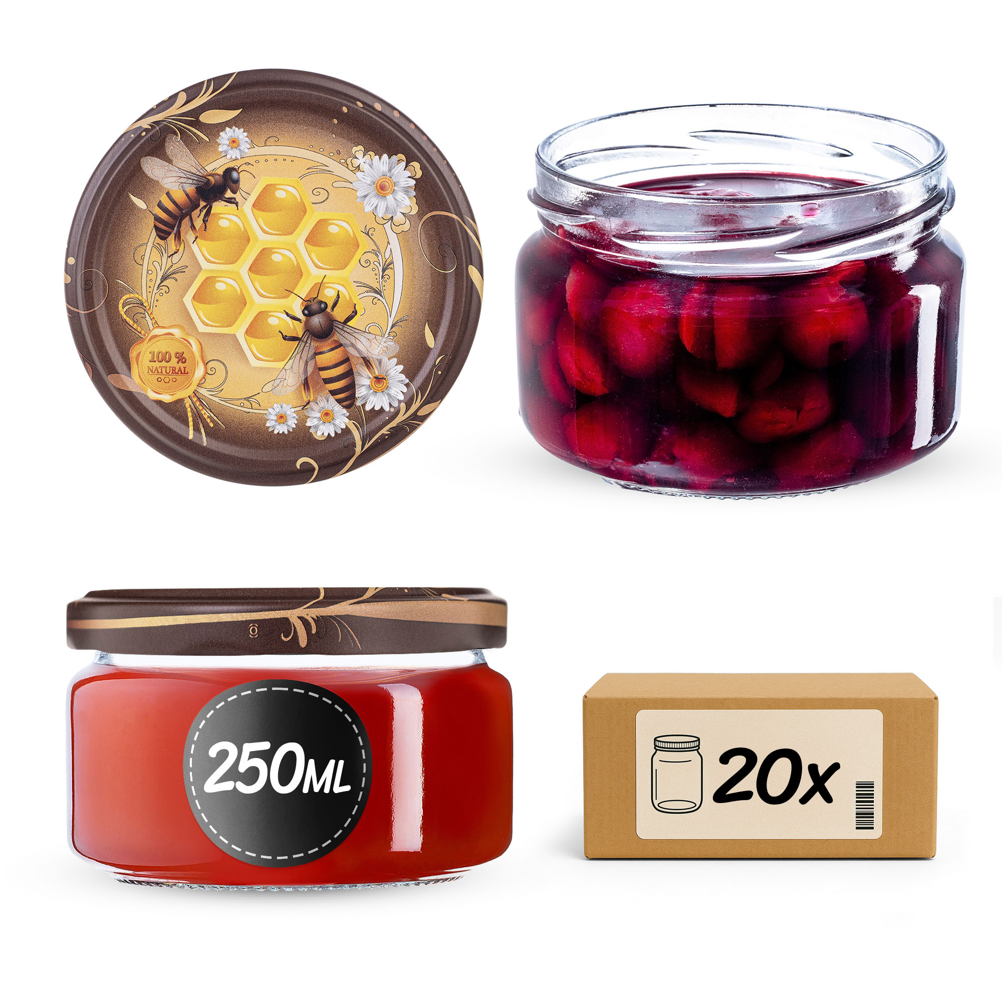 Słoiki na przetwory Denia 250ml 20szt fi 82 mm + wieczko "Miód"