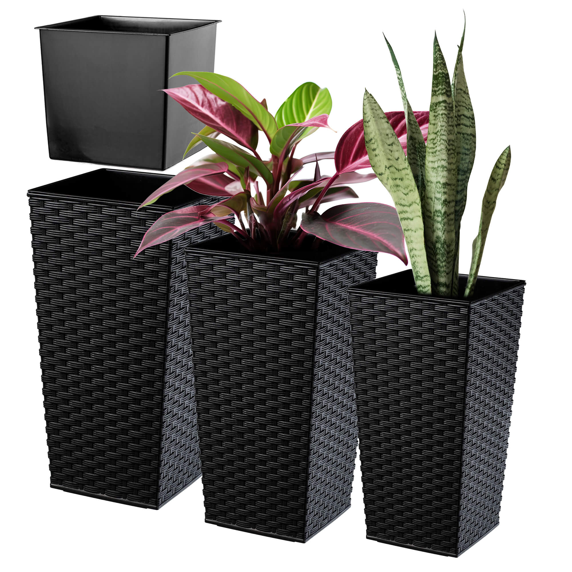 Donice na kwiaty z wkładem Pesaro rattan 19 cm + 25 cm + 30 cm, czarne