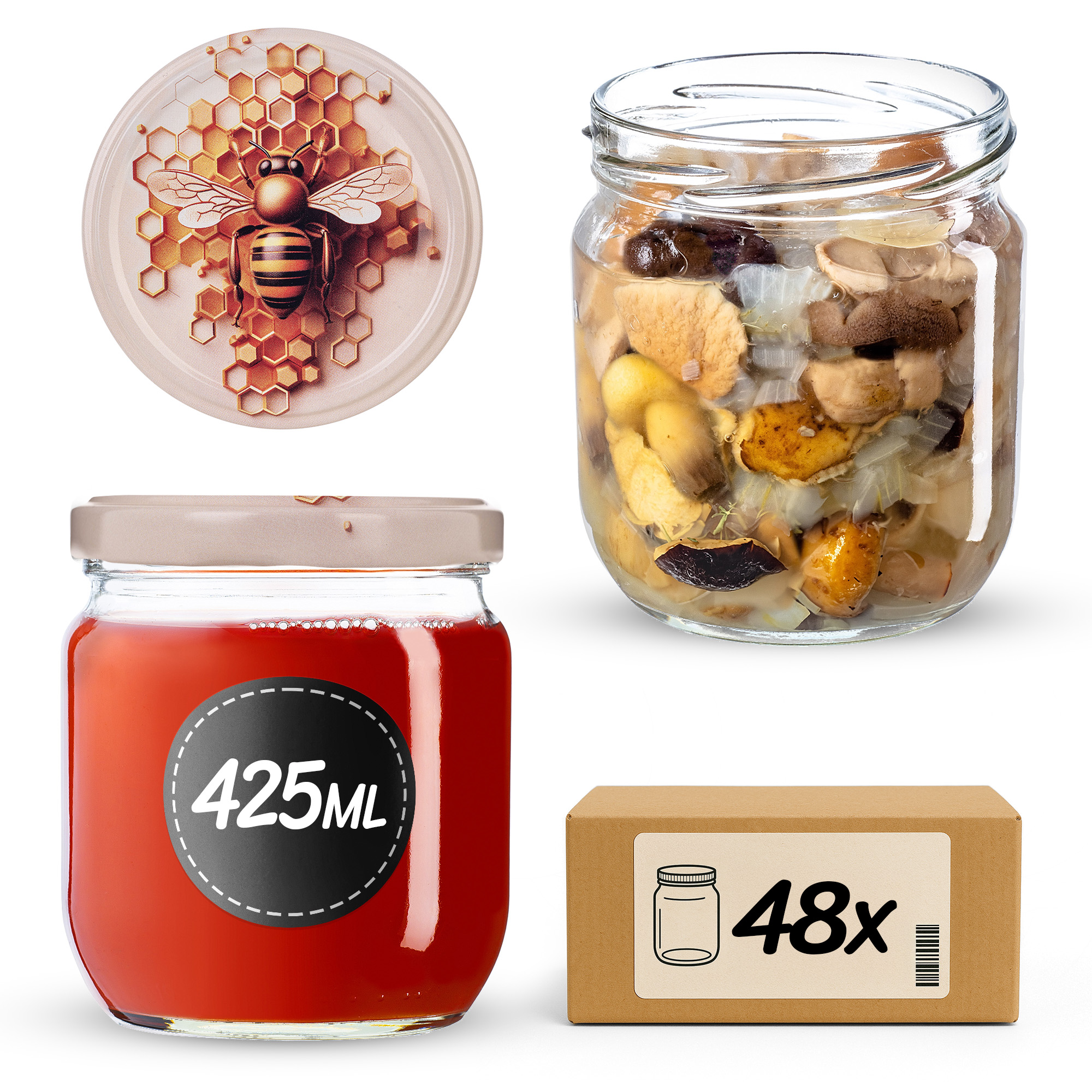 Słoiki na przetwory Salla 425ml fi 82 mm 48szt + wieczko Pszczoła