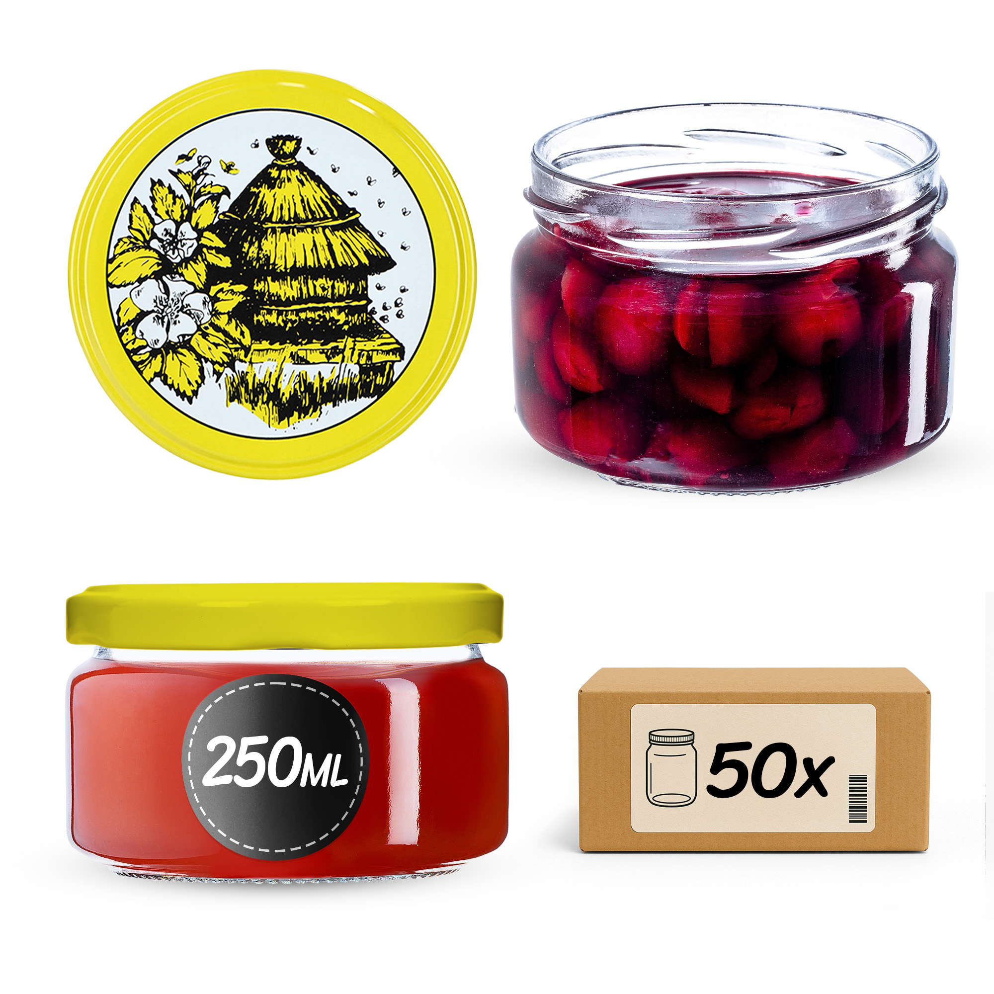 Słoiki na przetwory Denia 250ml 50szt fi 82 mm + wieczko "Pszczoły"