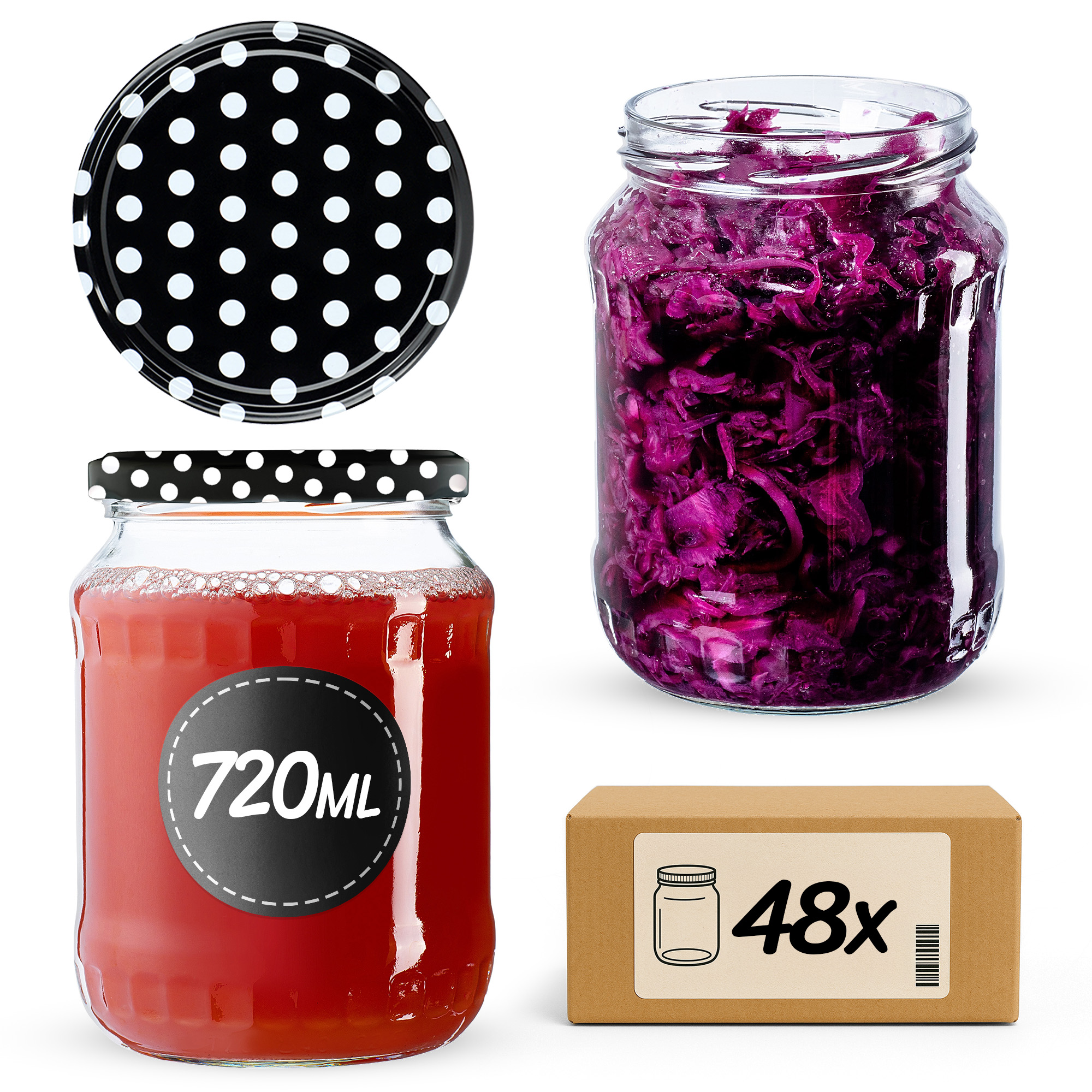 Słoiki na przetwory Jukka 720ml 48szt fi 82 mm + wieczka "Groszek czarny"