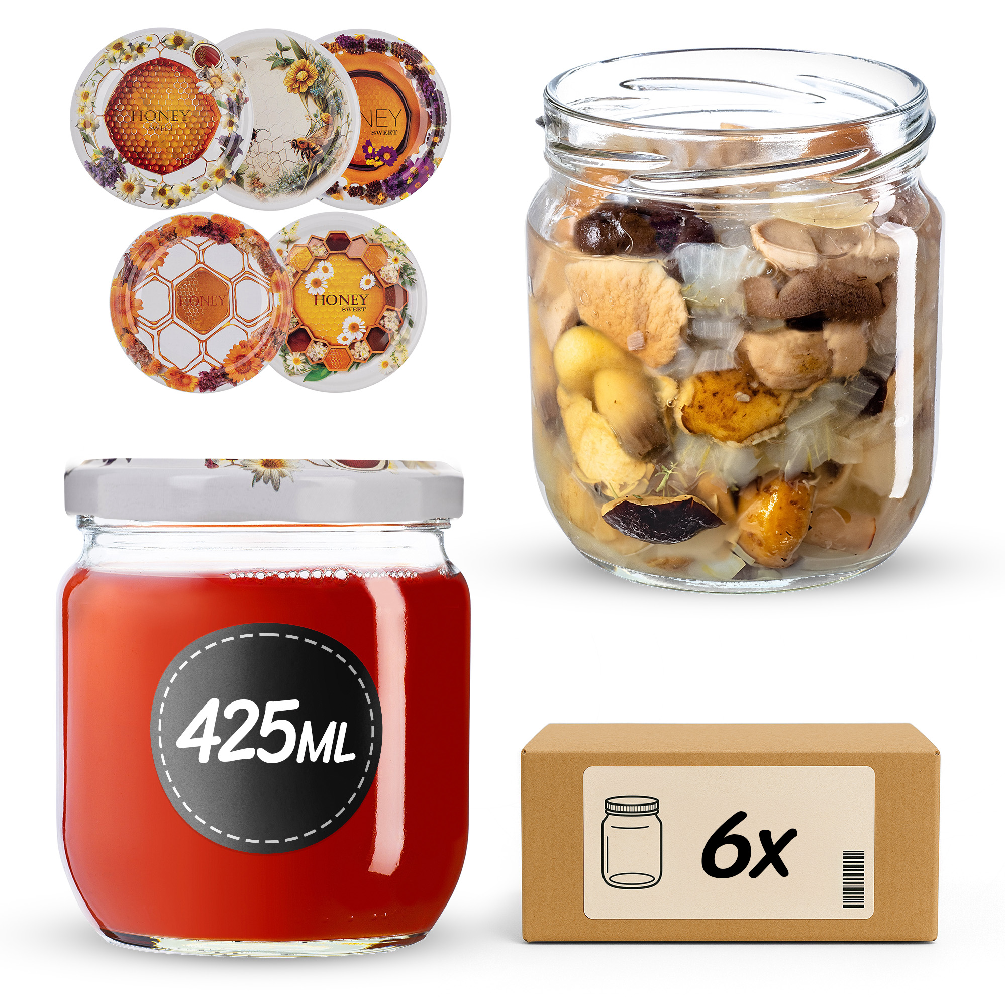 Słoiki na przetwory Salla 425ml fi 82 mm 6szt + wieczko Miodowy mix