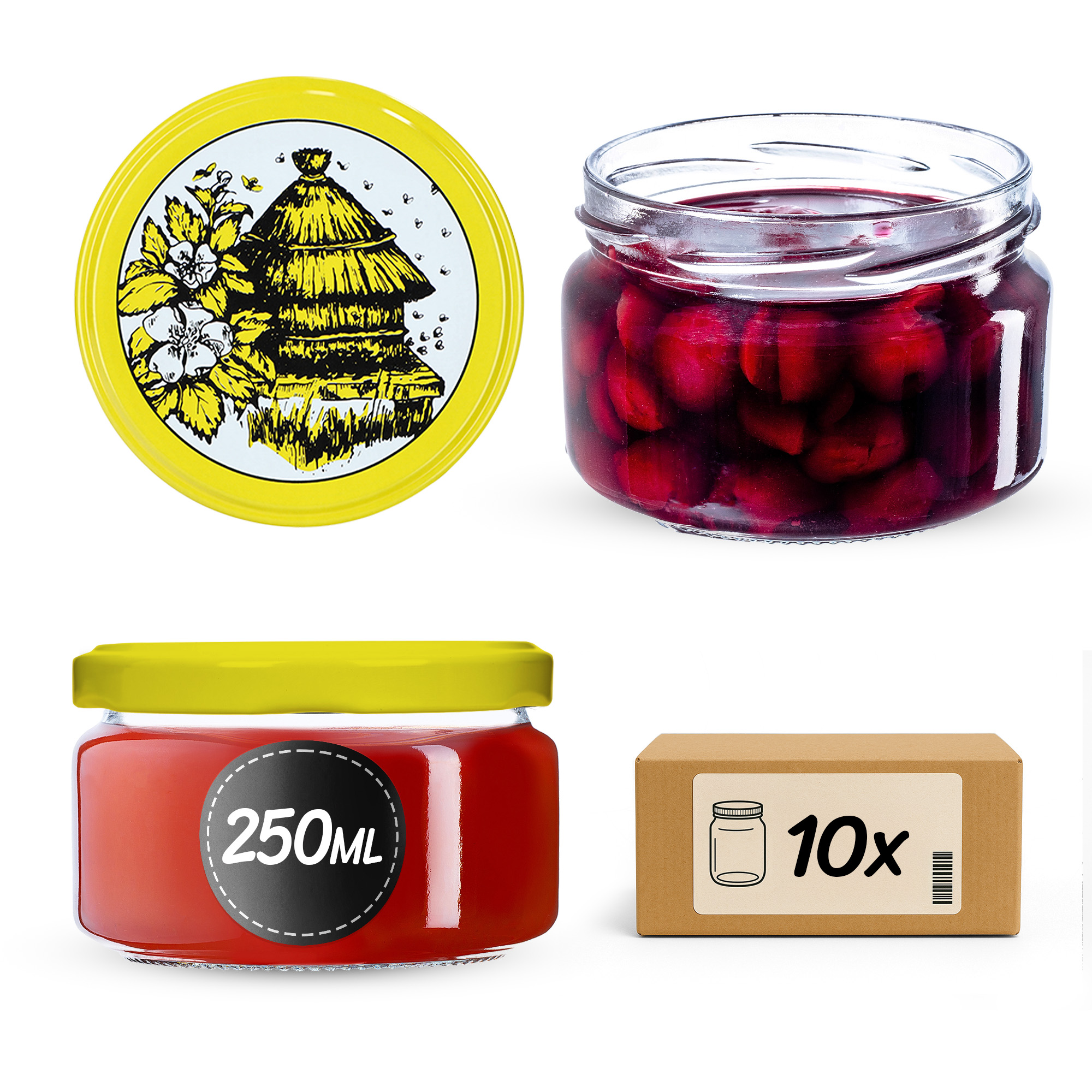 Słoiki na przetwory Denia 250ml 10szt fi 82 mm + wieczko "Pszczoły"