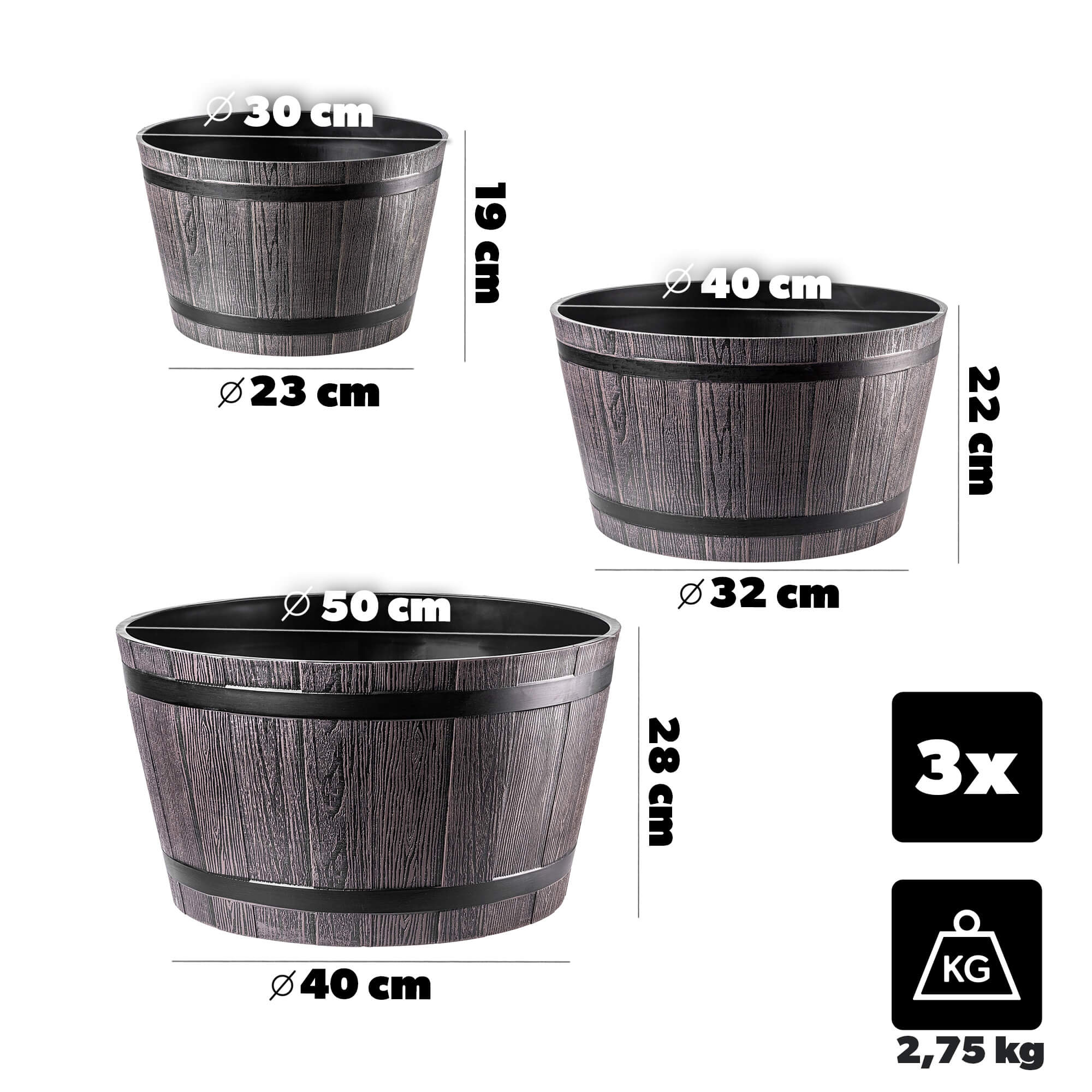 Donica na kwiaty Sori 30, 40, 50 cm, ciemny brąz