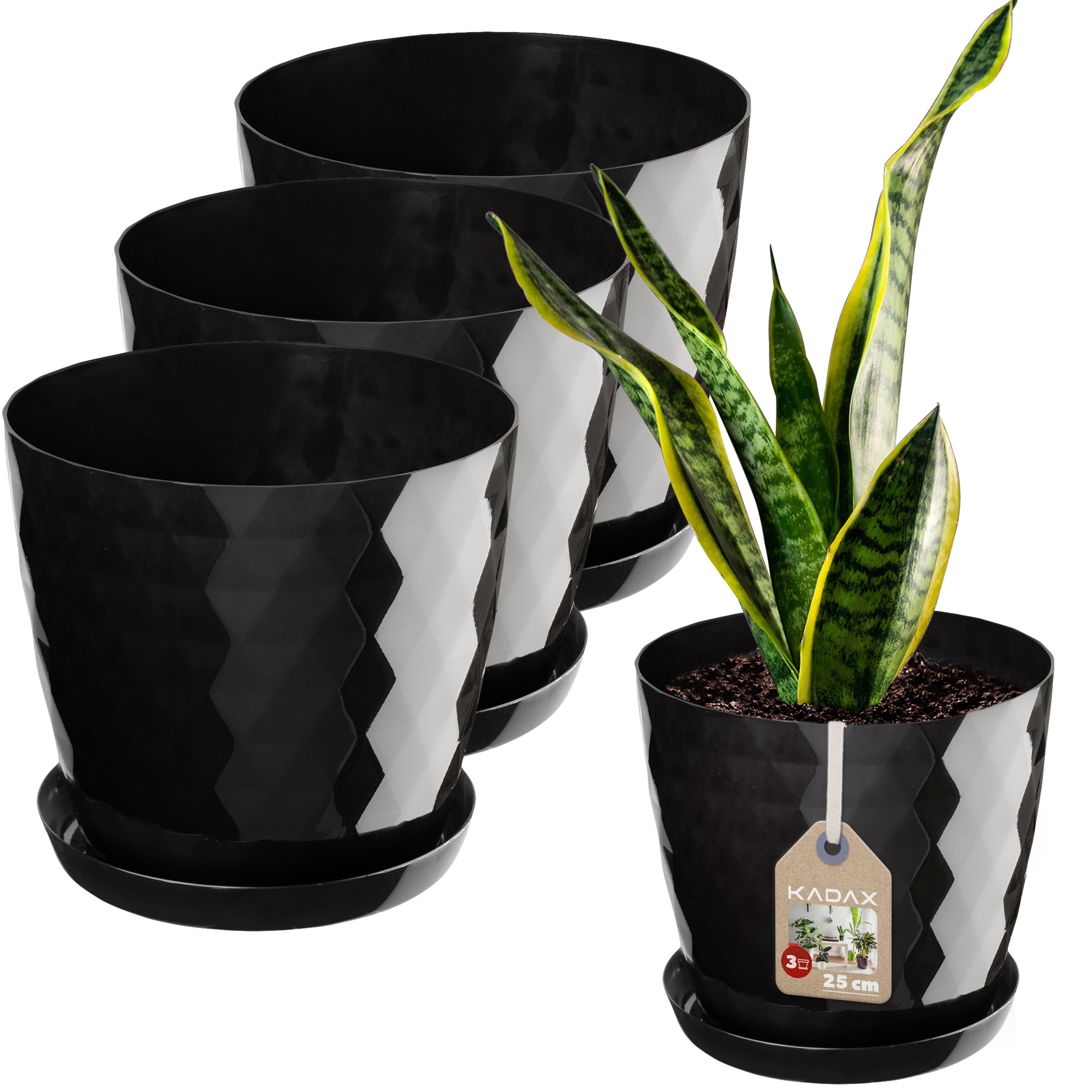Doniczka na kwiaty z podstawką czarna Amily 25 cm, 3 szt.