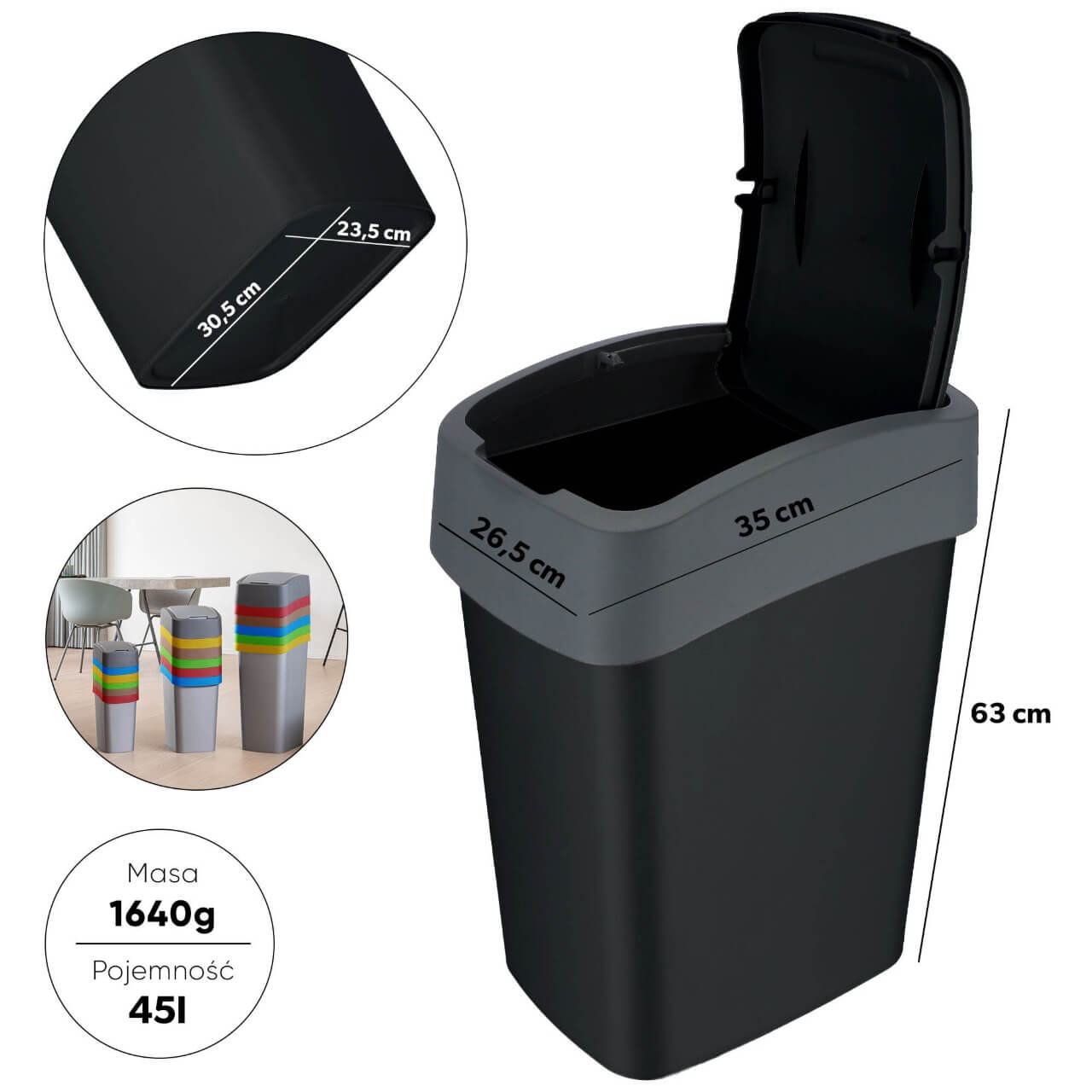 Kosz na śmieci Curver Flip Bin 50L, czarny