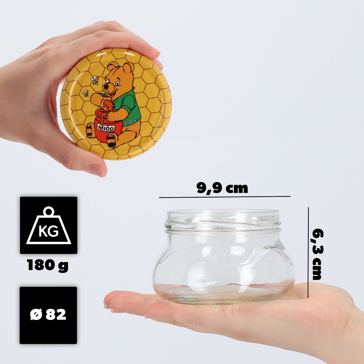 Słoiki na przetwory Raja 300ml 20szt fi 82 mm + wieczka "Miód"