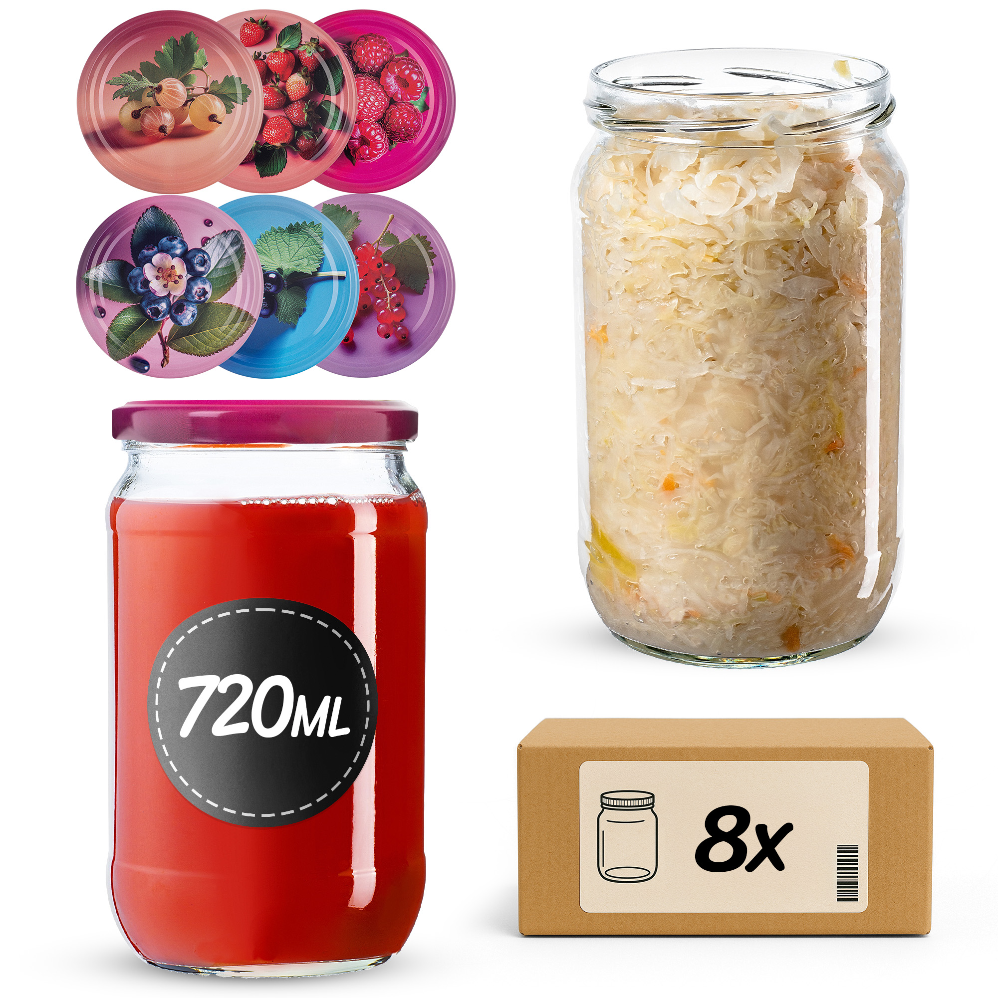 Słoiki na przetwory Niva 720ml fi 82 mm 8szt + wieczko Jagodowy mix