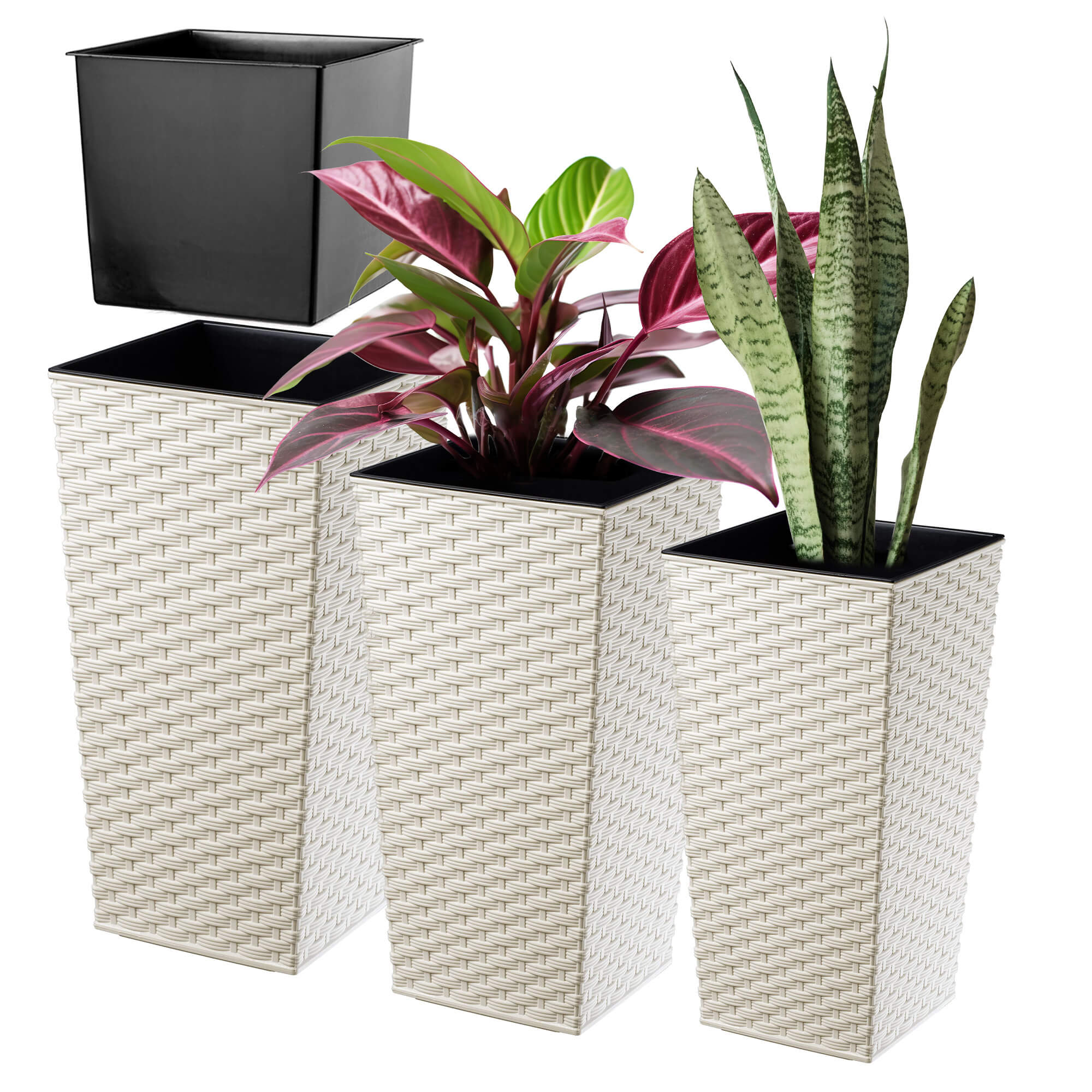 Donice na kwiaty z wkładem Pesaro rattan 25 cm + 30 cm + 35 cm, kremowe