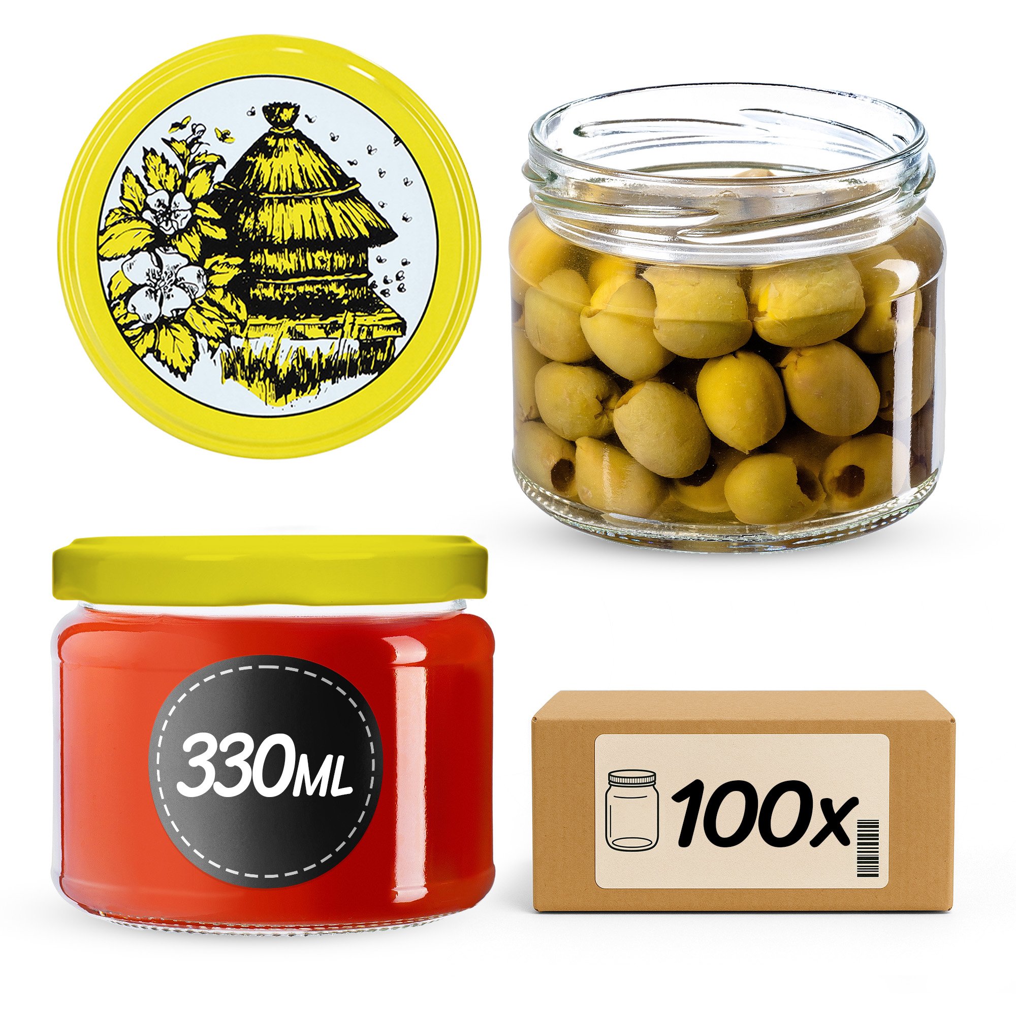 Słoiki na przetwory Sonka 330ml 100szt fi 82 mm + wieczka "Pszczoły"