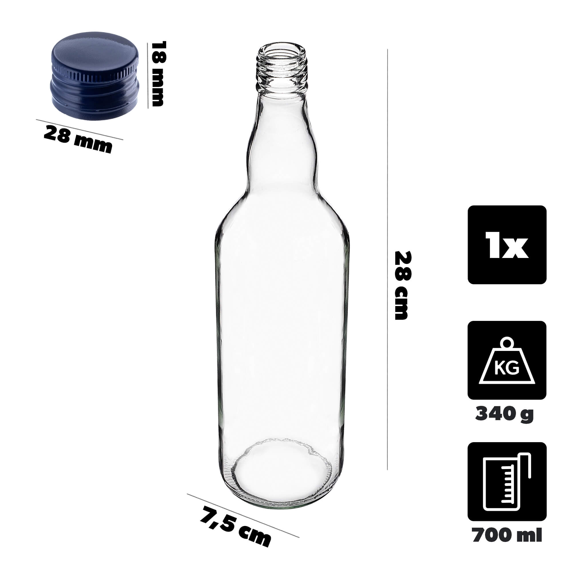 Szklana butelka Monopol 700ml z granatową zakrętką 1 szt.