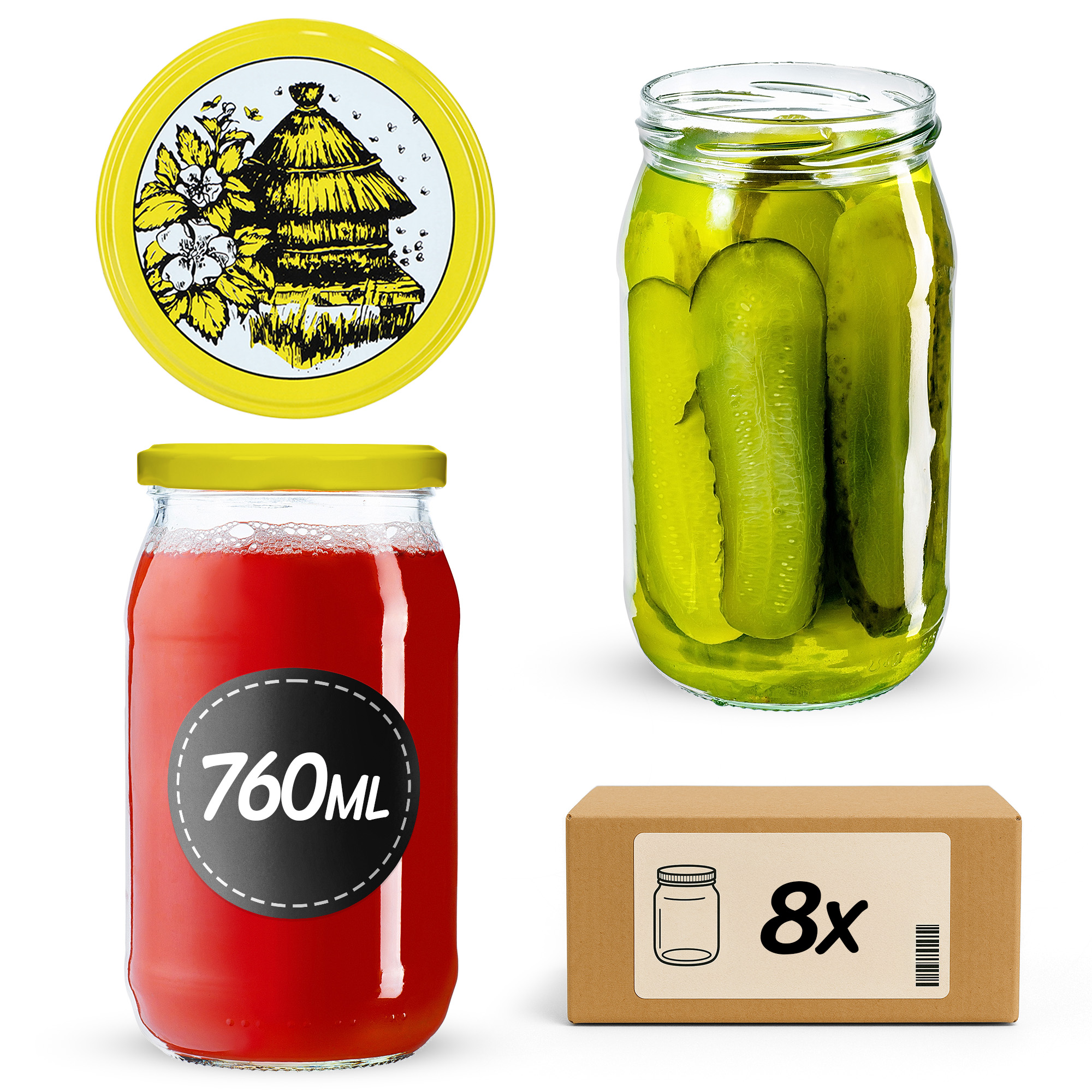 Słoiki na przetwory Niva 760ml 8szt fi 82 mm + wieczka "Pszczoły"