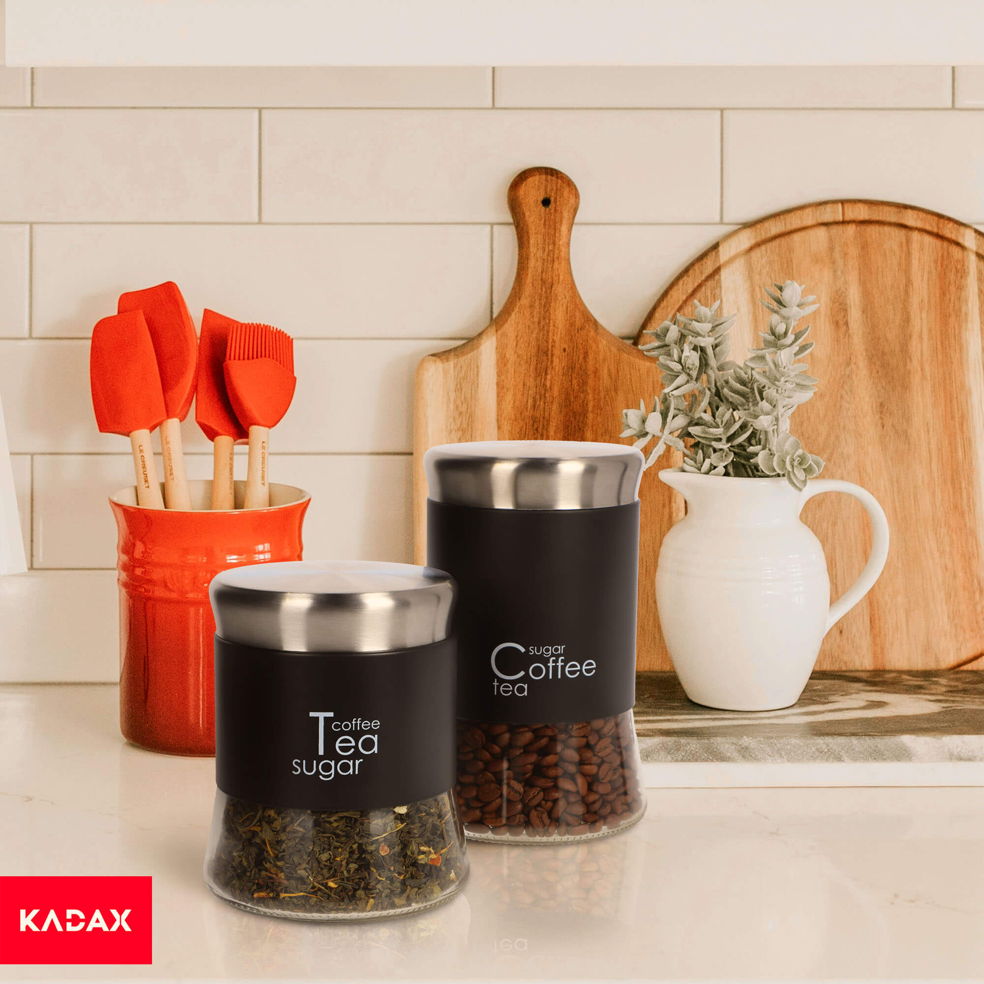 Pojemnik szklany Alset na kawę, herbatę, cukier 1.1L, czarny