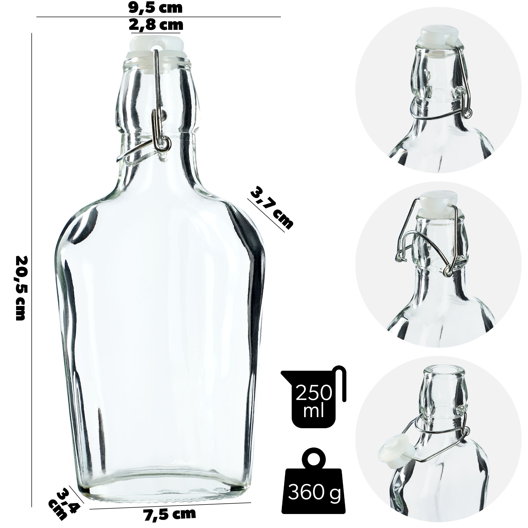 Butelka płaska z korkiem mechanicznym Preci 250 ml 12 szt.