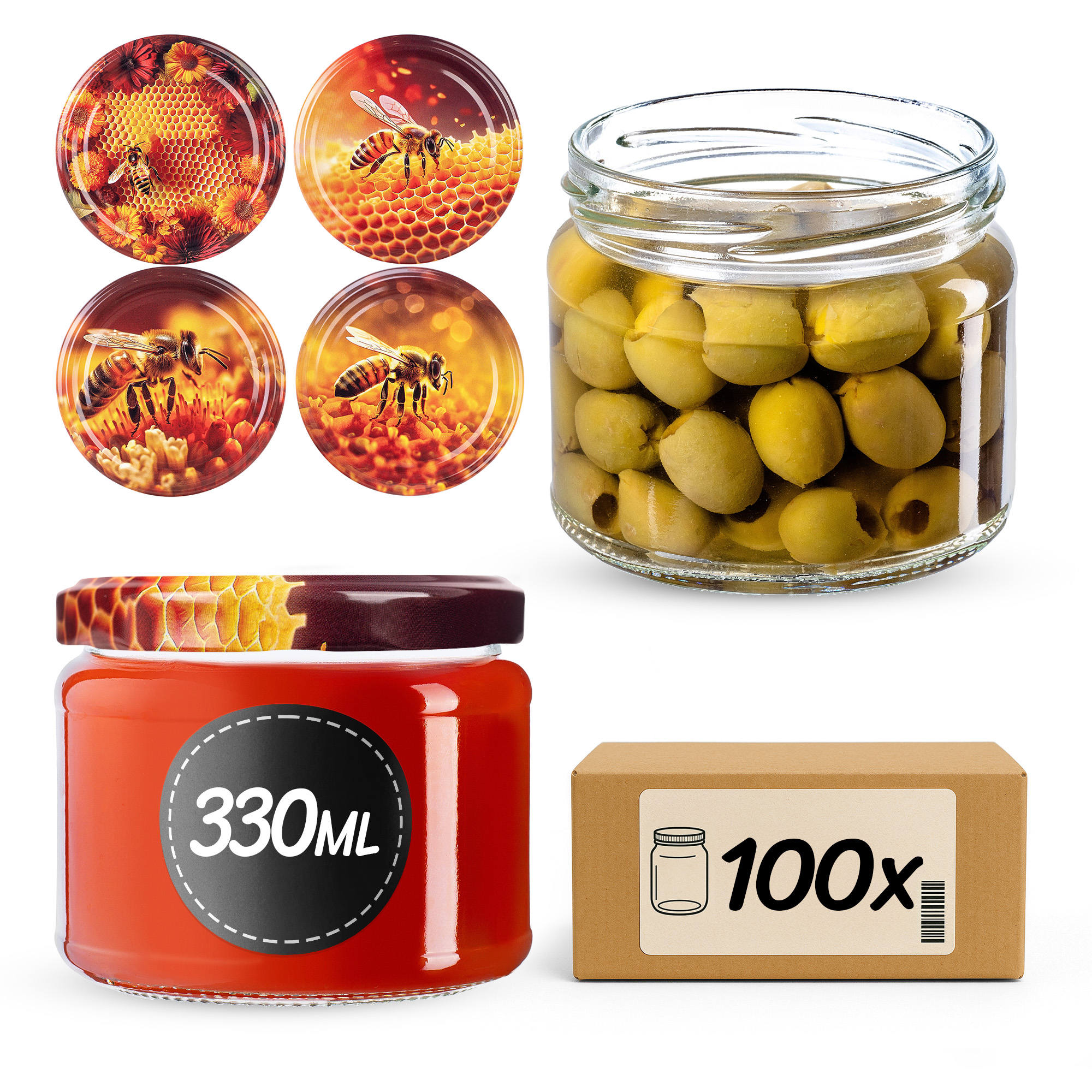 Słoiki na przetwory Sonka 330ml fi 82 mm 100szt + wieczko Zestaw miodowy