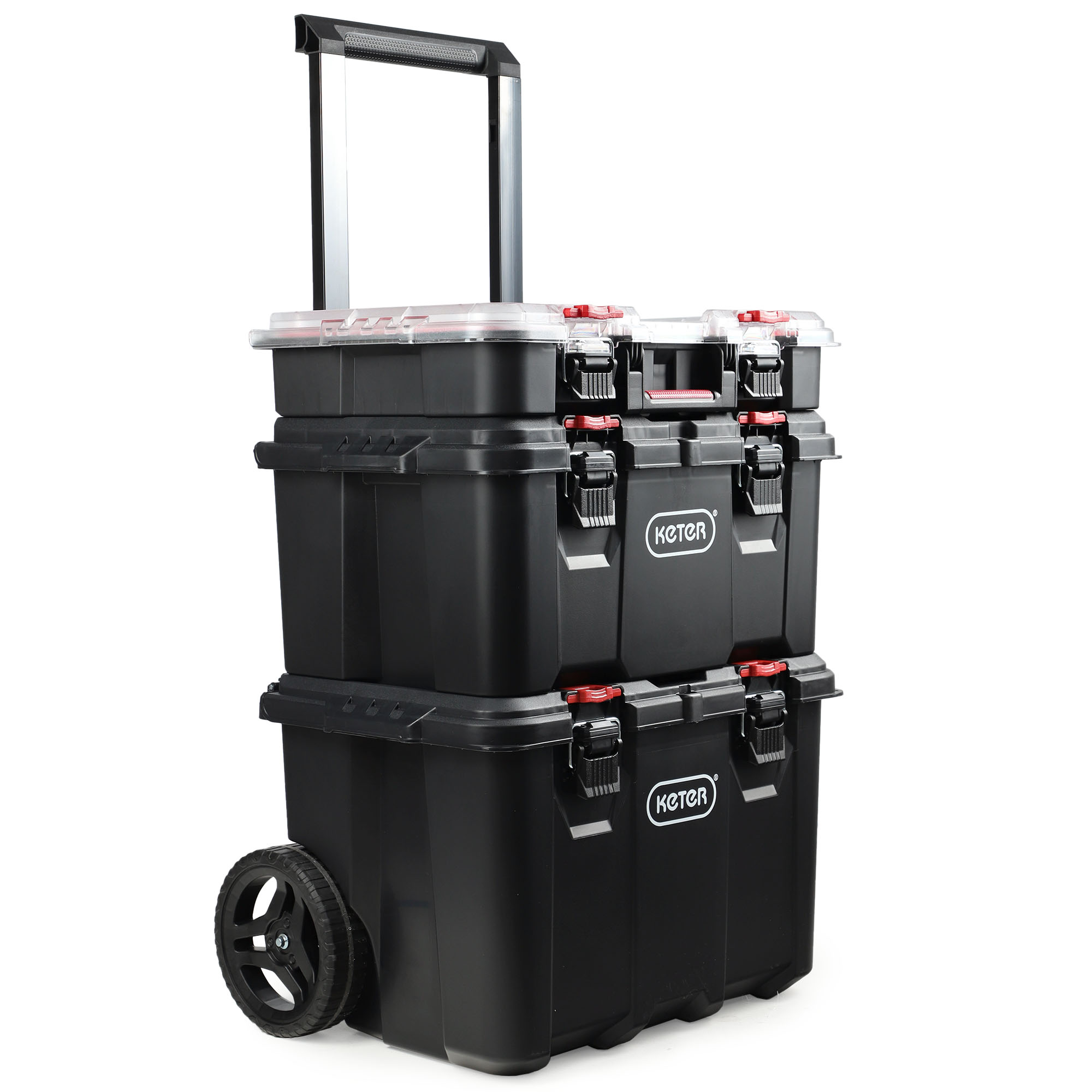 Zestaw 3 skrzynek Keter Stack 'N' Roll 150L czarno-czerwony