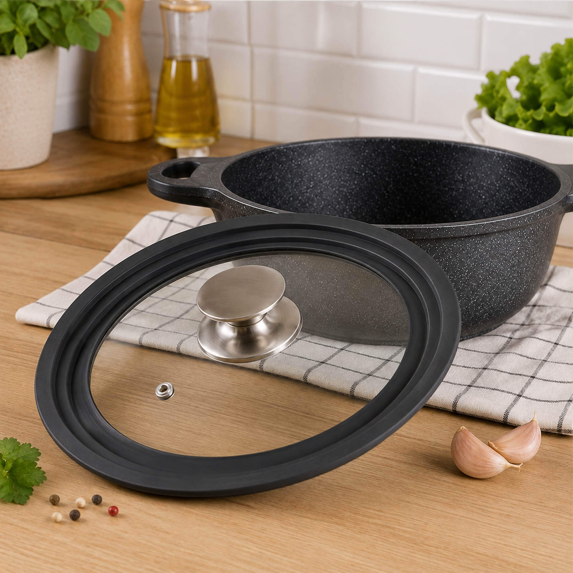 Pokrywa szklana multisize Aiola na garnek 16-20 cm z srebrnym uchwytem