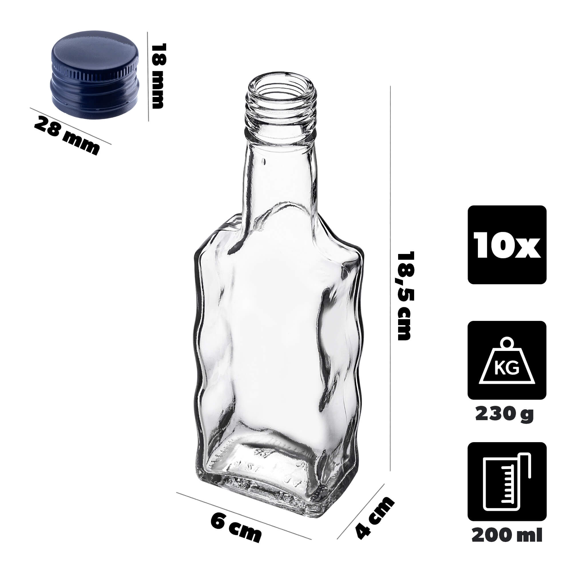 Szklana butelka na nalewkę Fala 200ml z granatową zakrętką 10 szt.