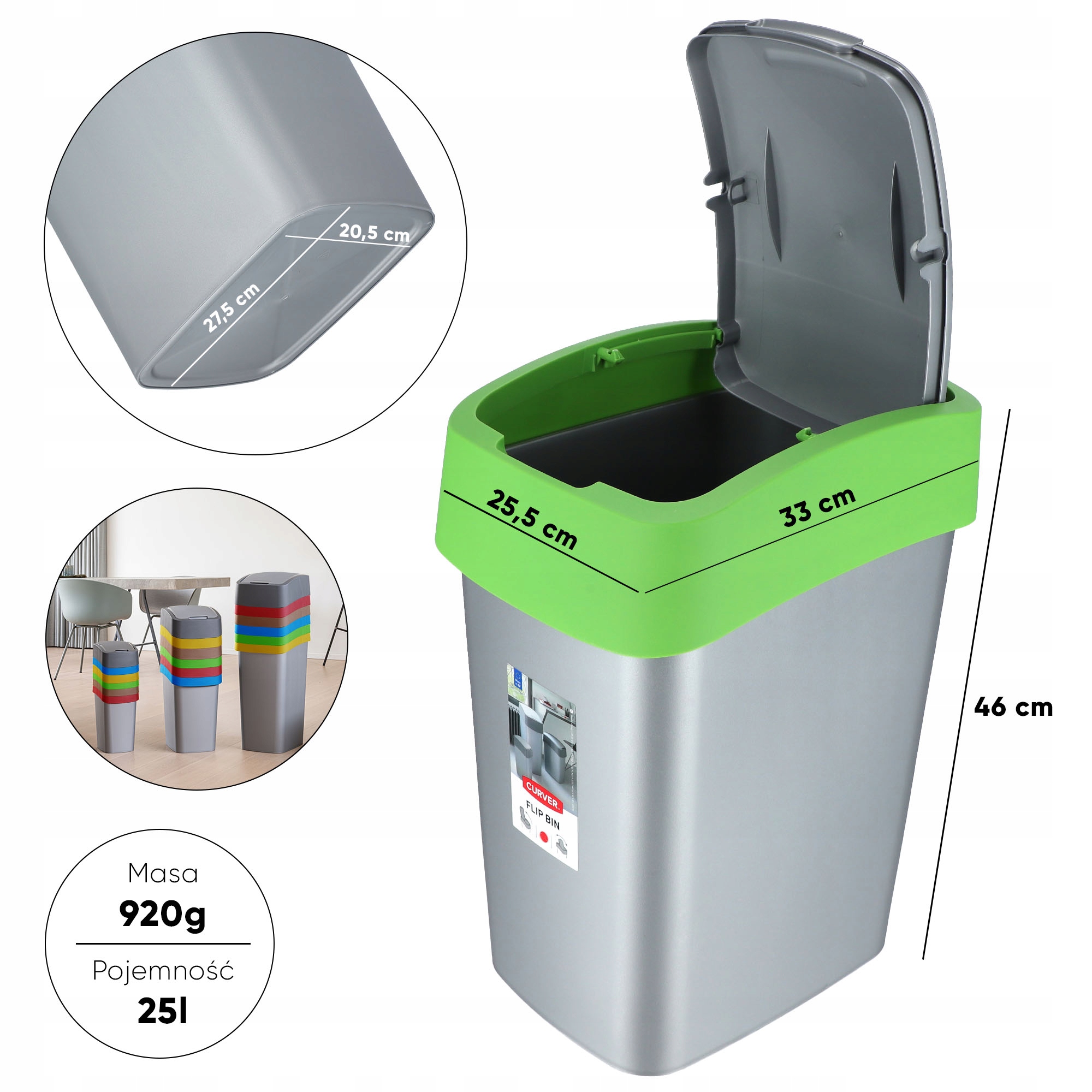 Kosz na śmieci Curver Flip Bin 25L, zielony