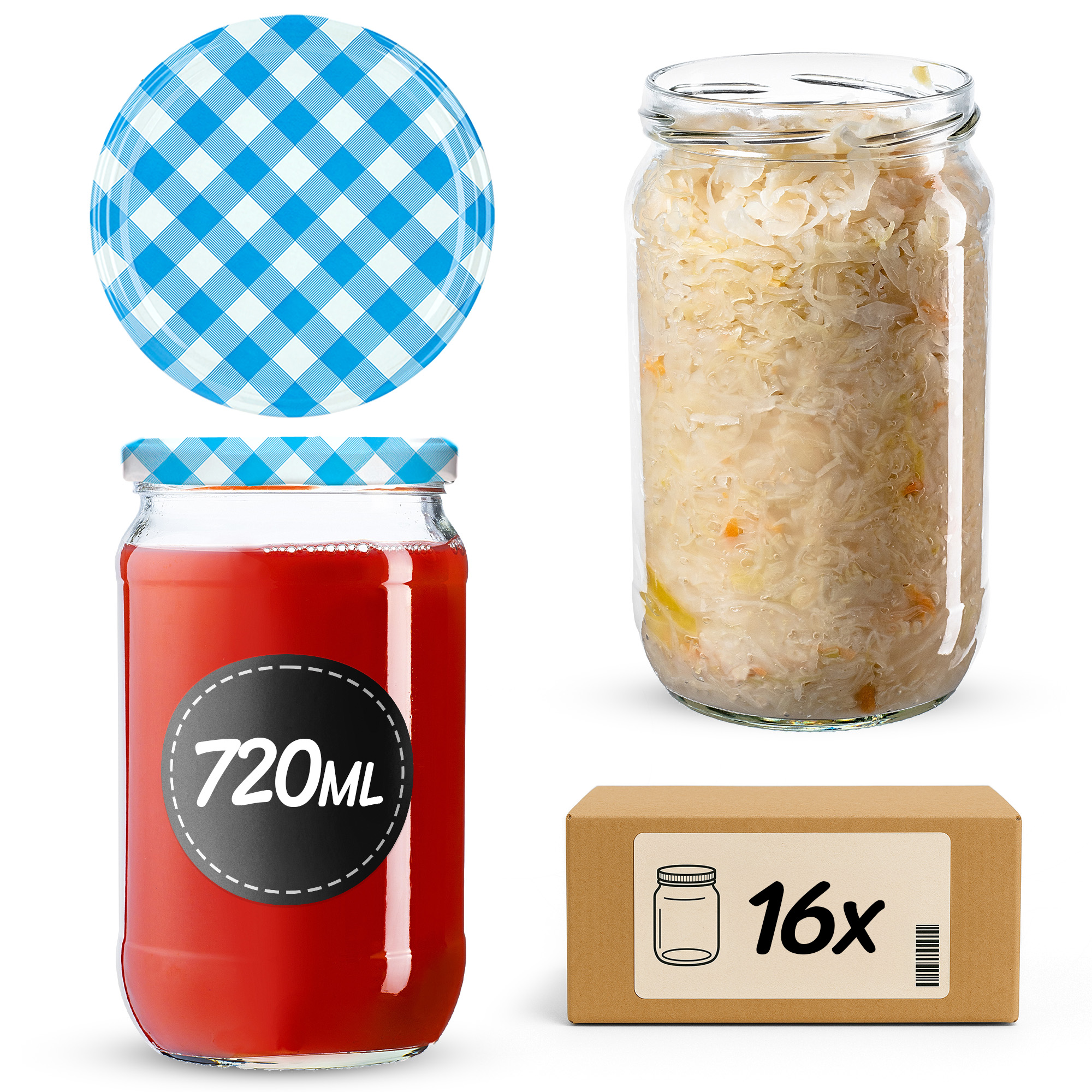 Słoiki na przetwory Niva 720ml 16szt fi 82 mm + wieczka "Niebieska Krata"