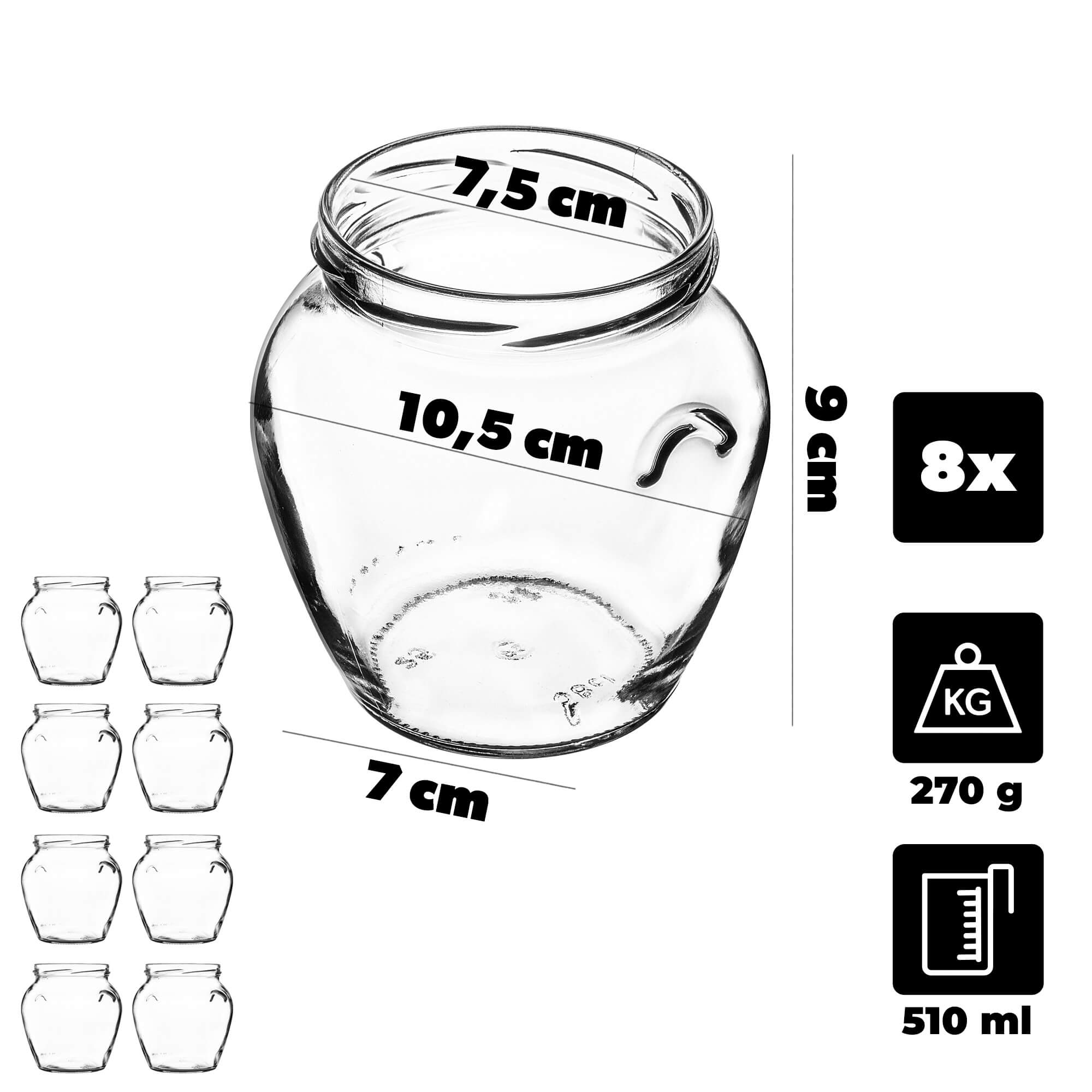 Słoiki na przetwory Sassa 580ml 8szt fi 82 mm + wieczka "Czerwony groszek"