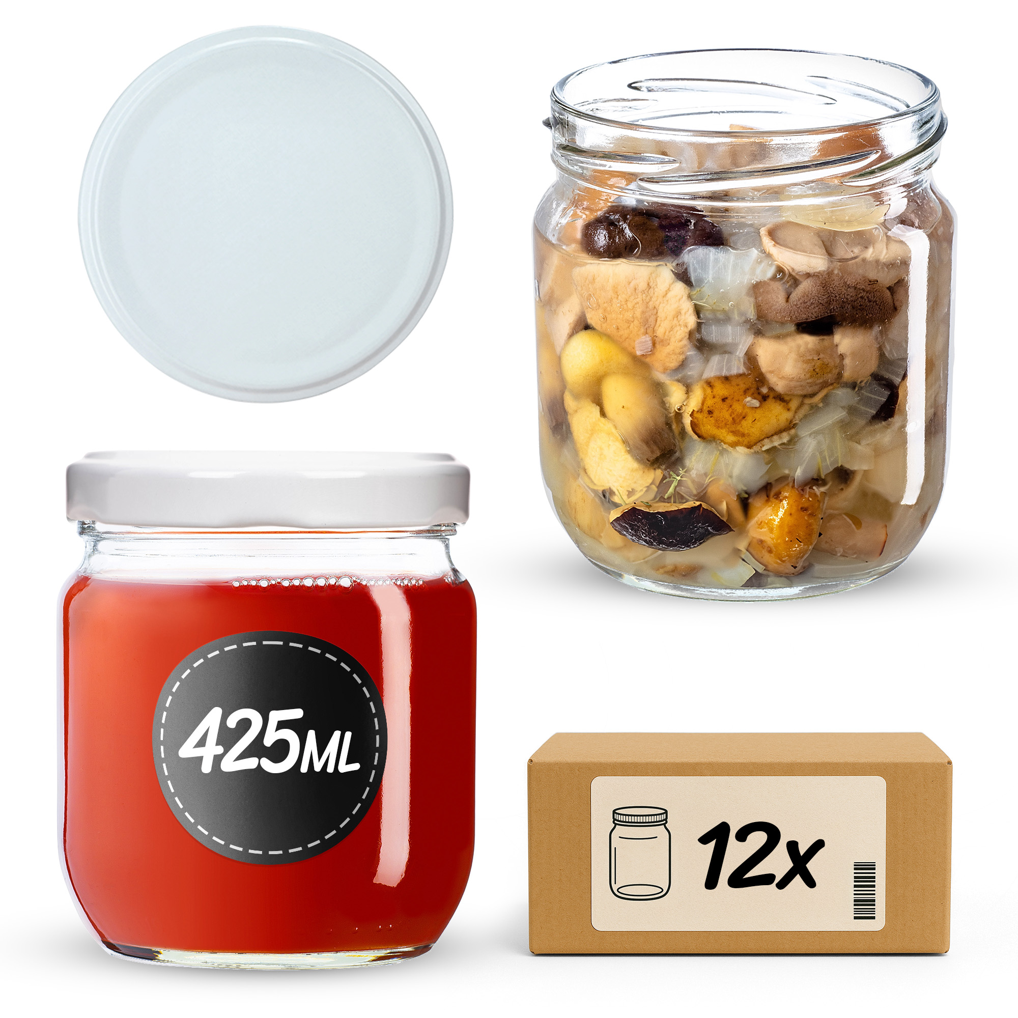 Słoiki na przetwory Salla 425ml 12szt fi 82 mm + wieczka białe