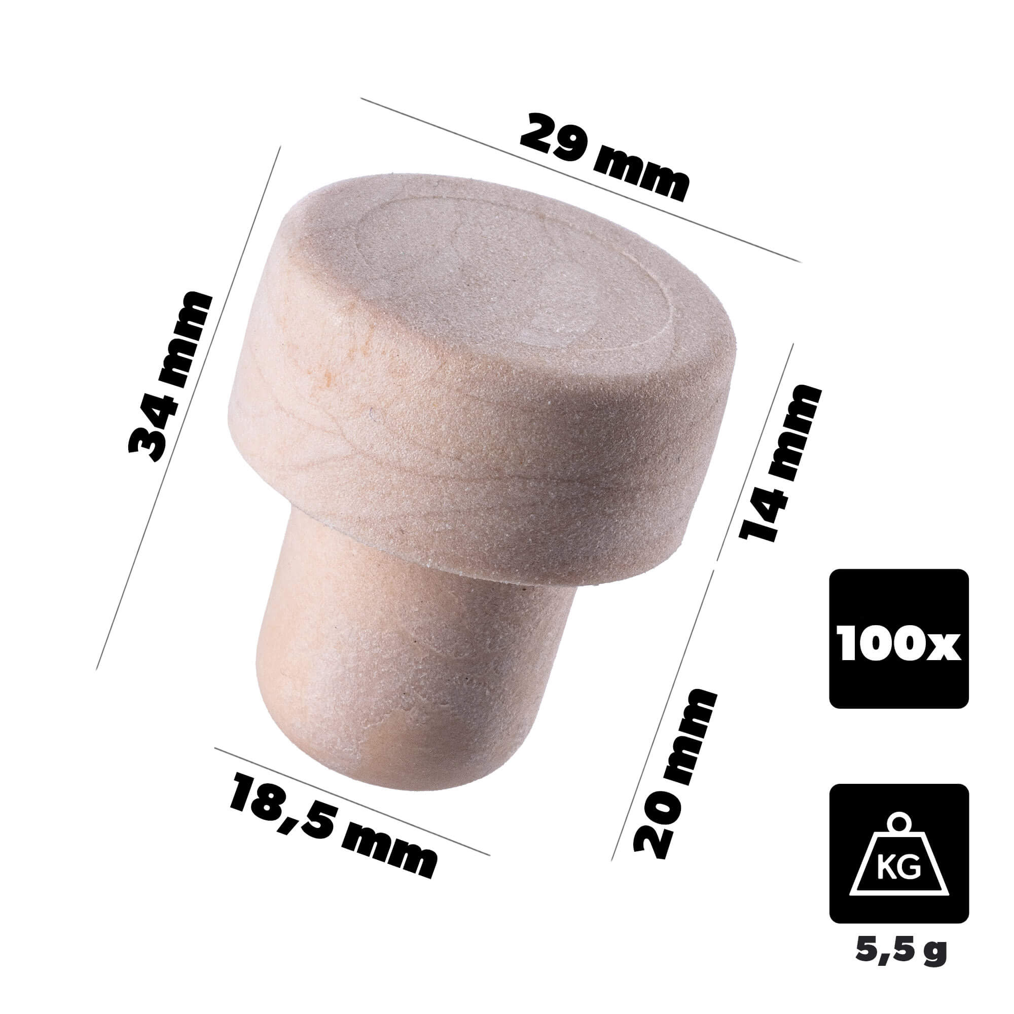 Korek do butelki na wino Velletri grzybek syntetyczny 18.5mm 100 szt.