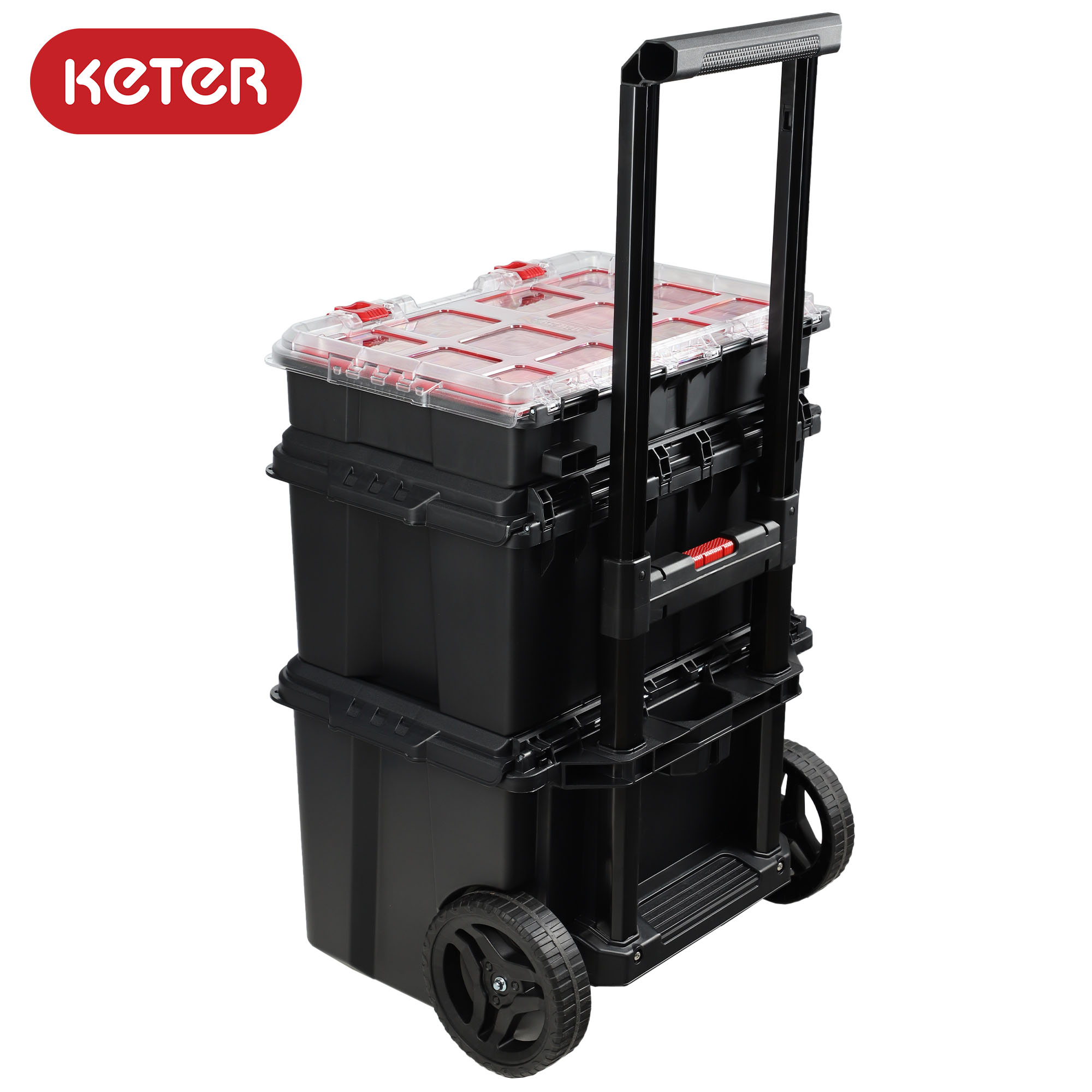 Zestaw 3 skrzynek Keter Stack 'N' Roll 150L czarno-czerwony