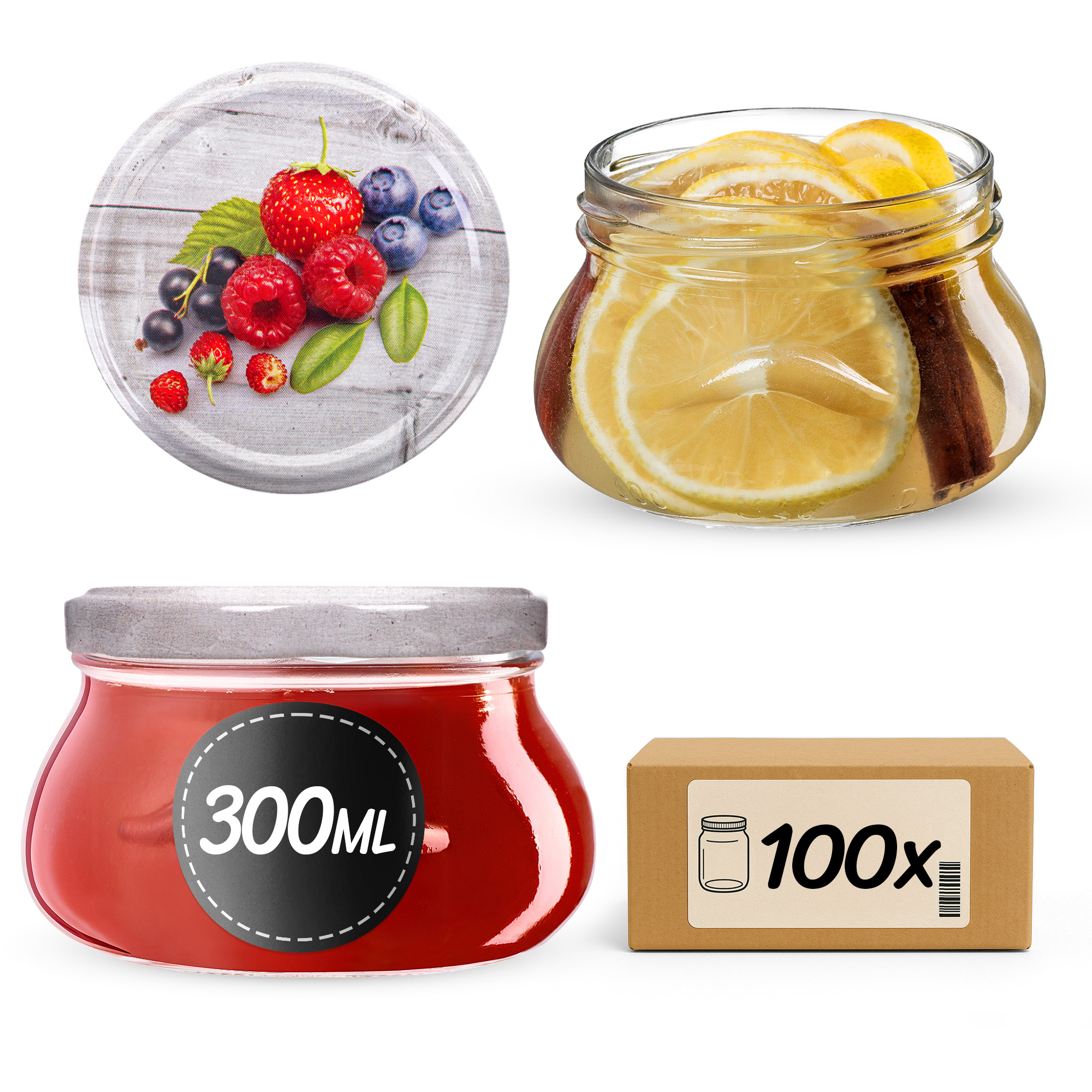 Słoiki na przetwory Raja 300ml fi 82 mm 100szt + wieczko Owoce