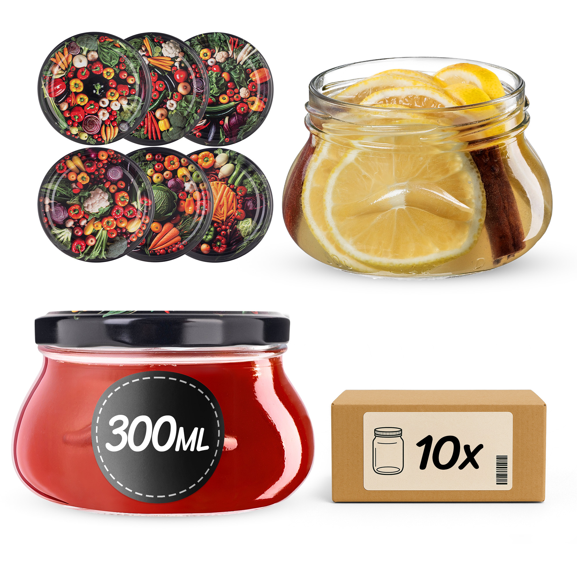Słoiki na przetwory Raja 300ml fi 82 mm 10szt + wieczko Warzywa mix