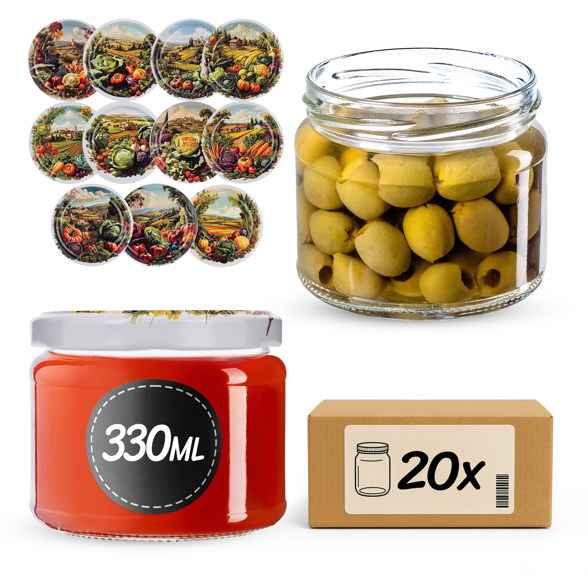 Słoiki na przetwory Sonka 330ml fi 82 mm 20szt + wieczko Warzywa mix