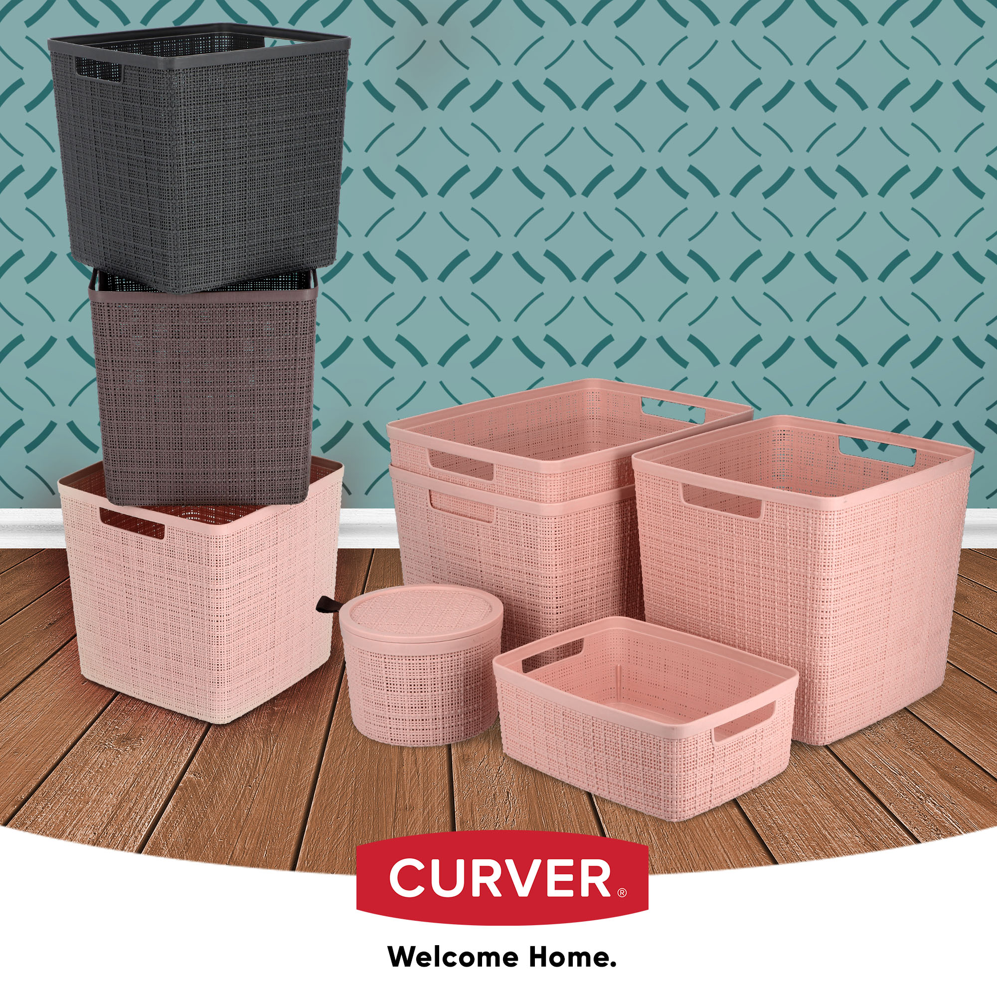 Koszyk kwadratowy Curver Jute 17L, pudrowy róż