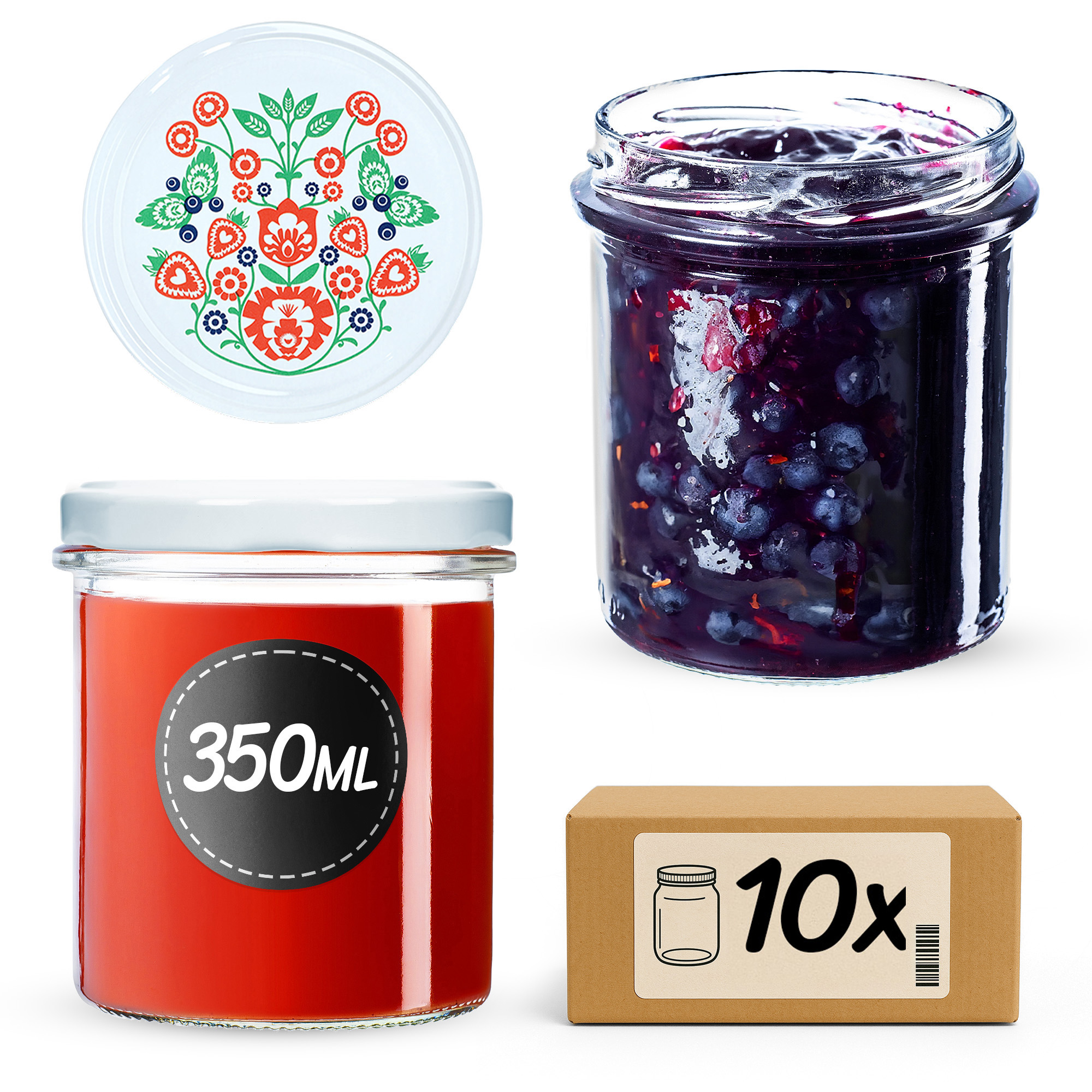Słoiki na przetwory Avila 350ml 10szt fi 82 mm + wieczka "Folklor"