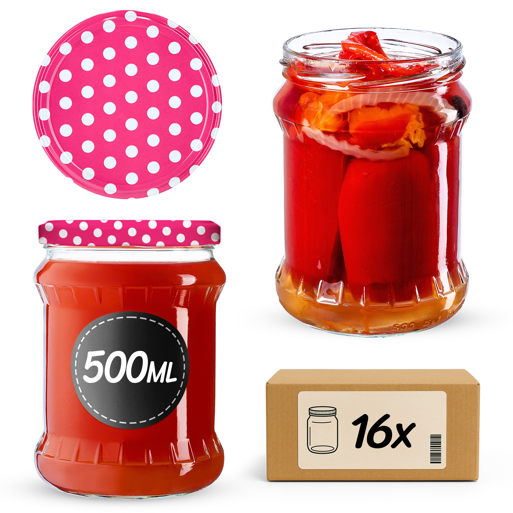 Słoiki na przetwory Kisko 500ml 16szt fi 82 mm + wieczka "Groszek różowy"