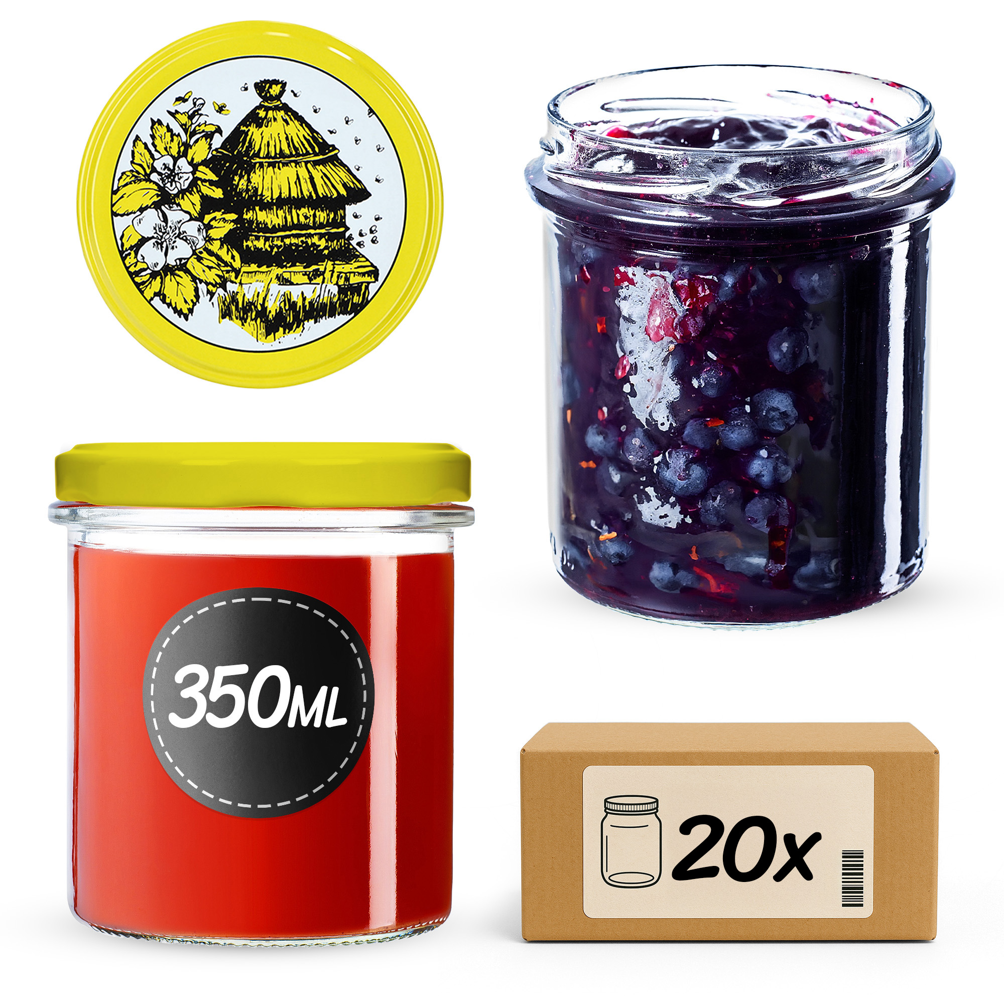 Słoiki na przetwory Avila 350ml 20szt fi 82 mm + wieczka "Pszczoły"