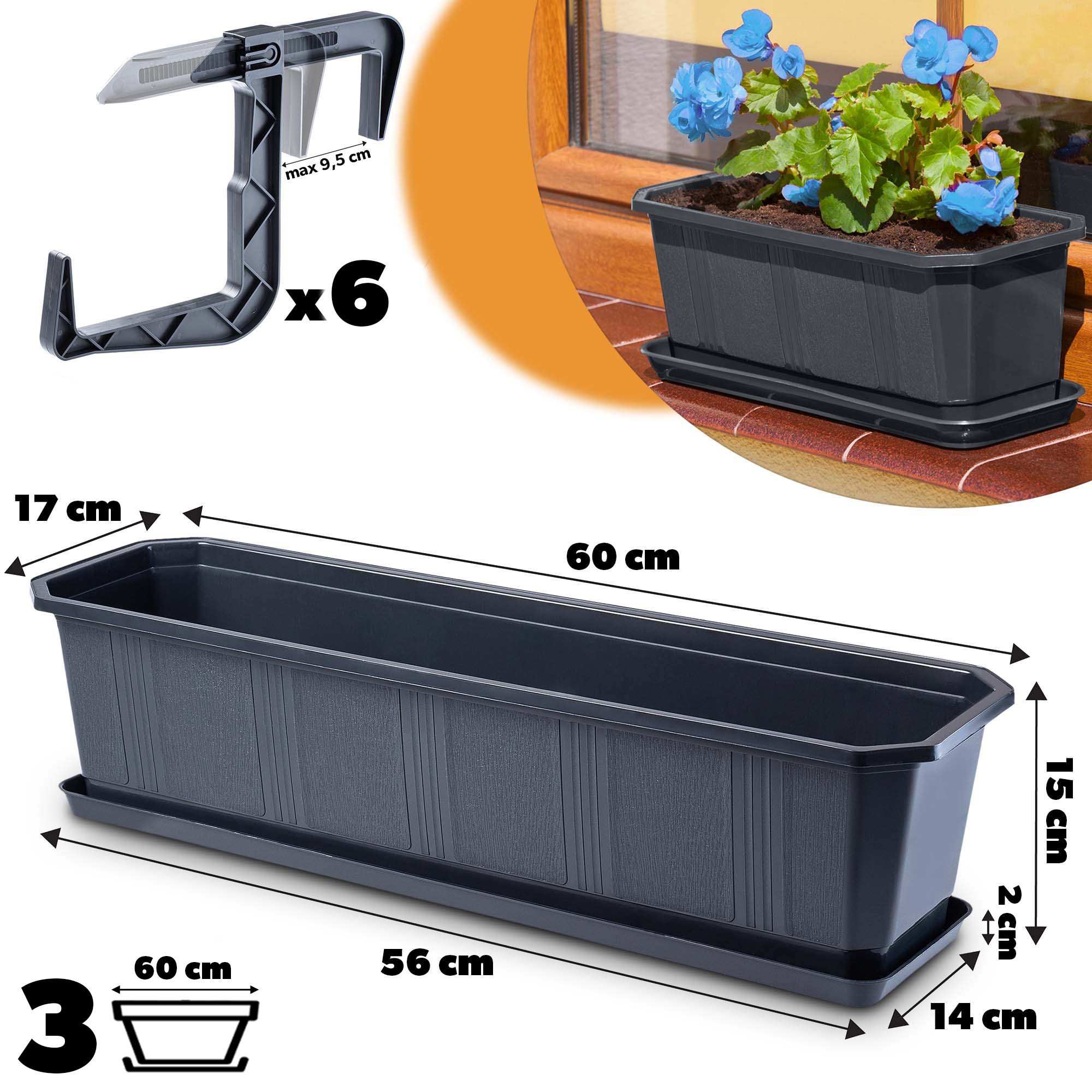 Doniczka balkonowa z uchwytami grafit Oste 60 cm, 3 szt.