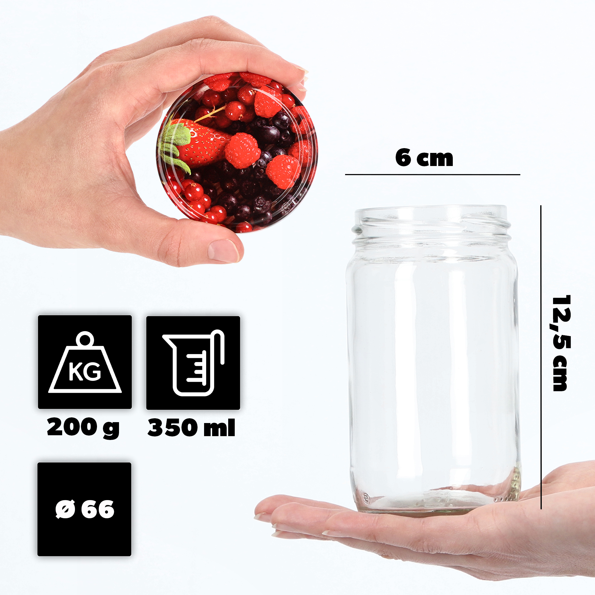 Słoiki na przetwory Gera 350ml fi 66 mm 20szt + wieczka "Owoce leśne"