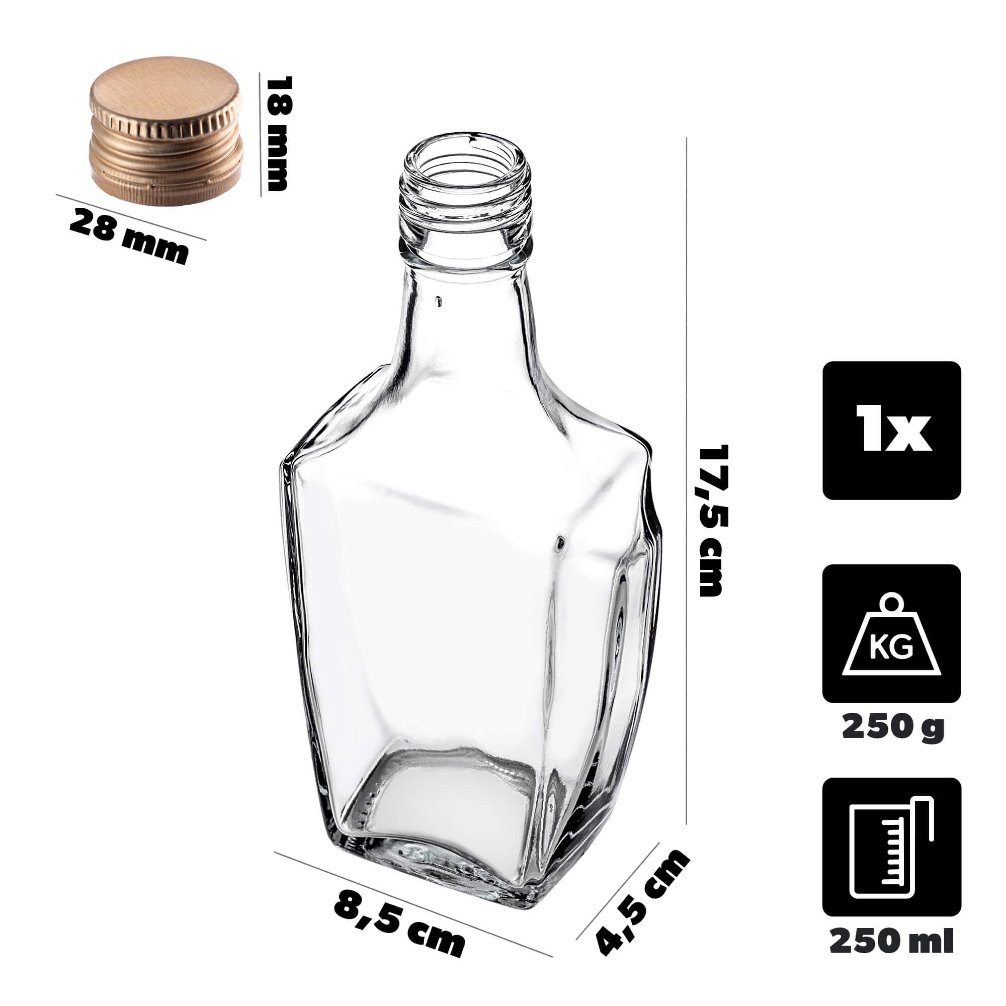 Szklana butelka na nalewkę Faenza 250ml ze złotą zakrętką 1 szt.